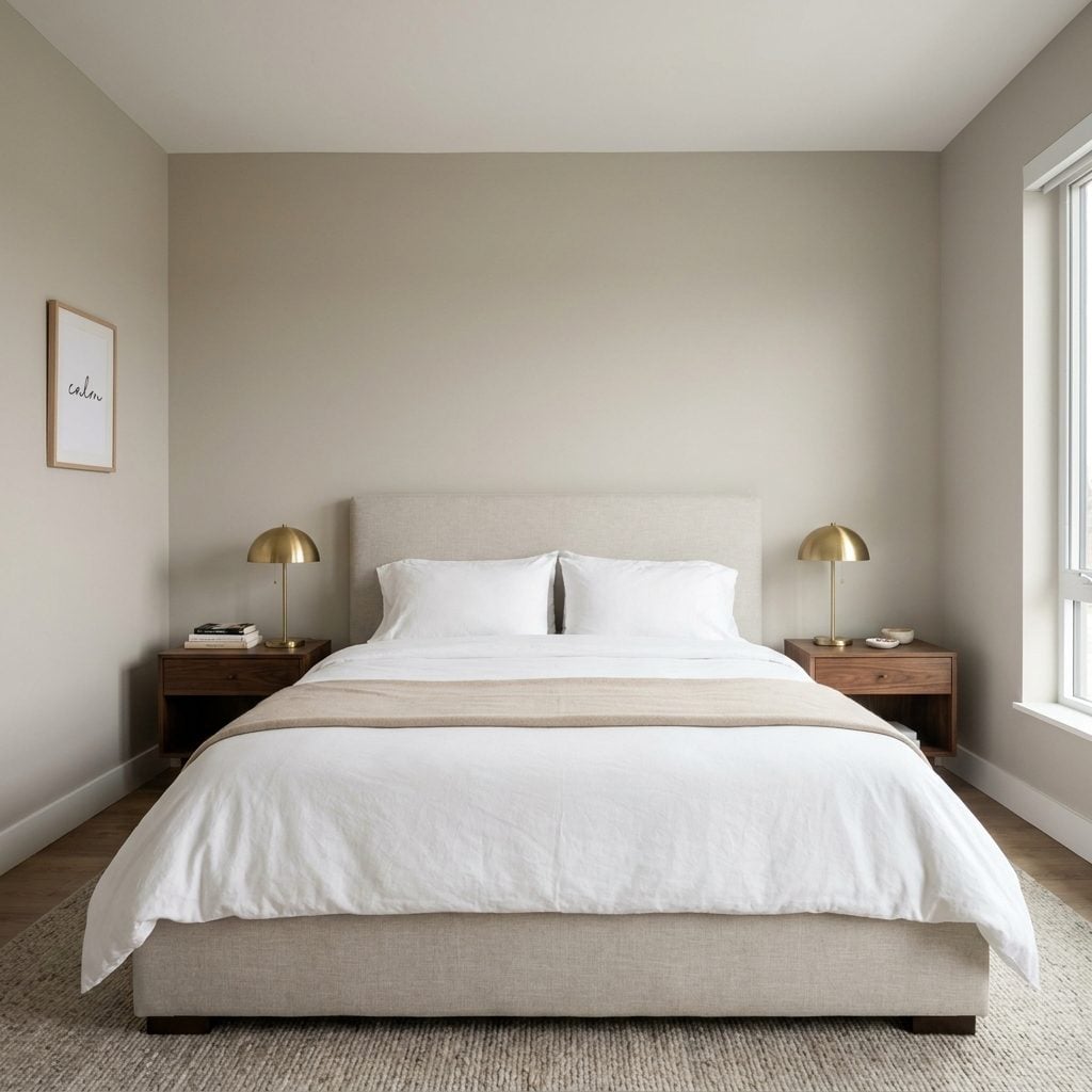 Contemporary bedroom with four framed short-script quote prints on white backgrounds hung around a linen bed.