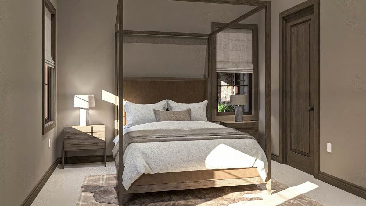 Four-Poster Frame and a Leather Headboard That Don't Need to Try Hard