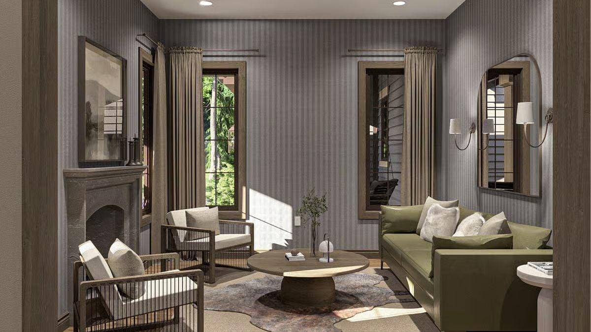 Olive Green Sofa and a Fireplace That Pulls the Whole Room Together