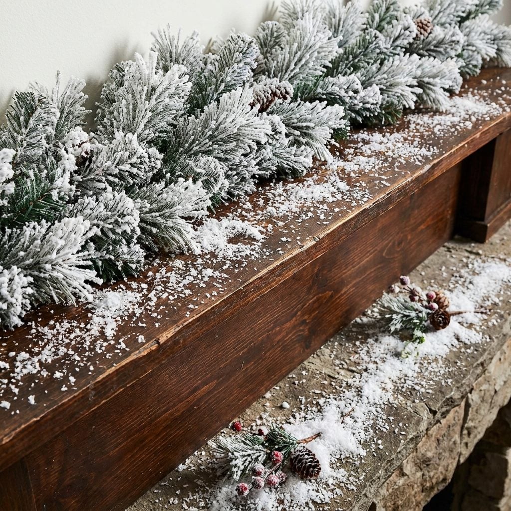 Greige brick fireplace with a heavily flocked garland shedding loose white flakes onto the mantel and hearth.