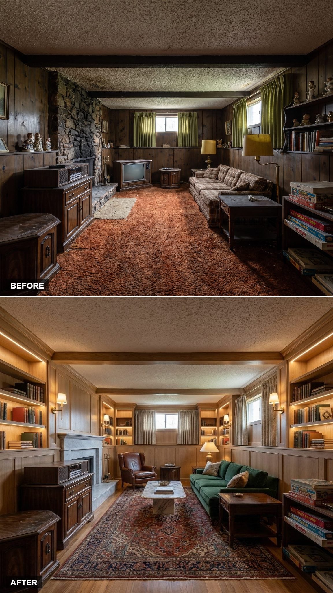 Floor-to-Ceiling Home Library with White Oak Shelving, Brass Sconces, and Green Velvet