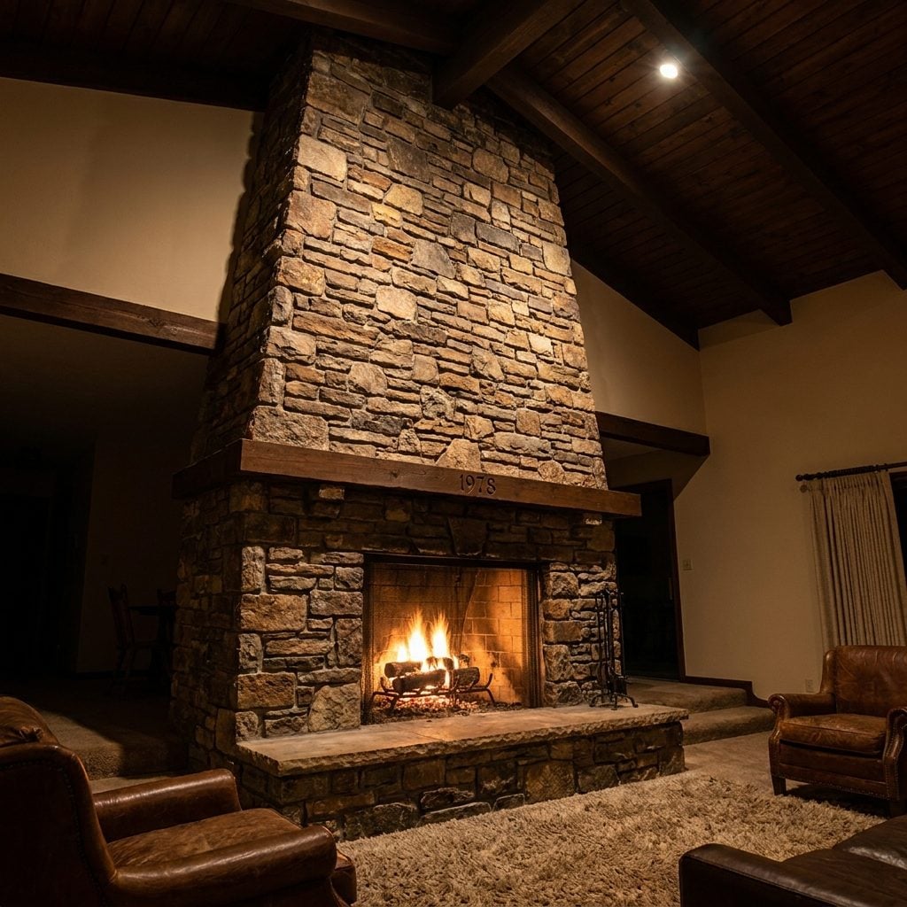 The Floor-to-Ceiling Stone or Brick Fireplace That Anchored the Whole Room