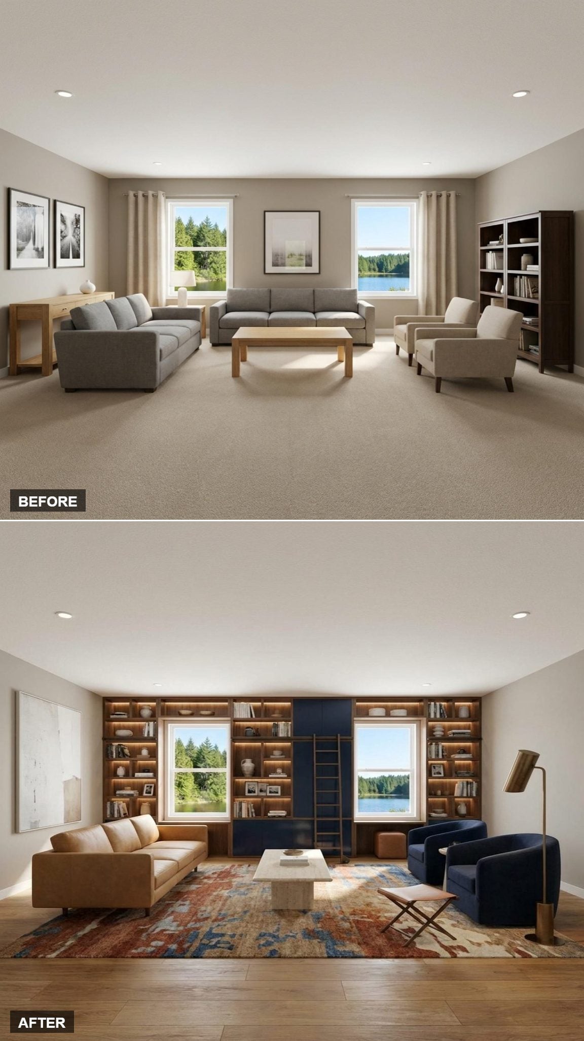 Floor-to-Ceiling Walnut Library Tower with Rolling Ladder and Camel Leather Sofa