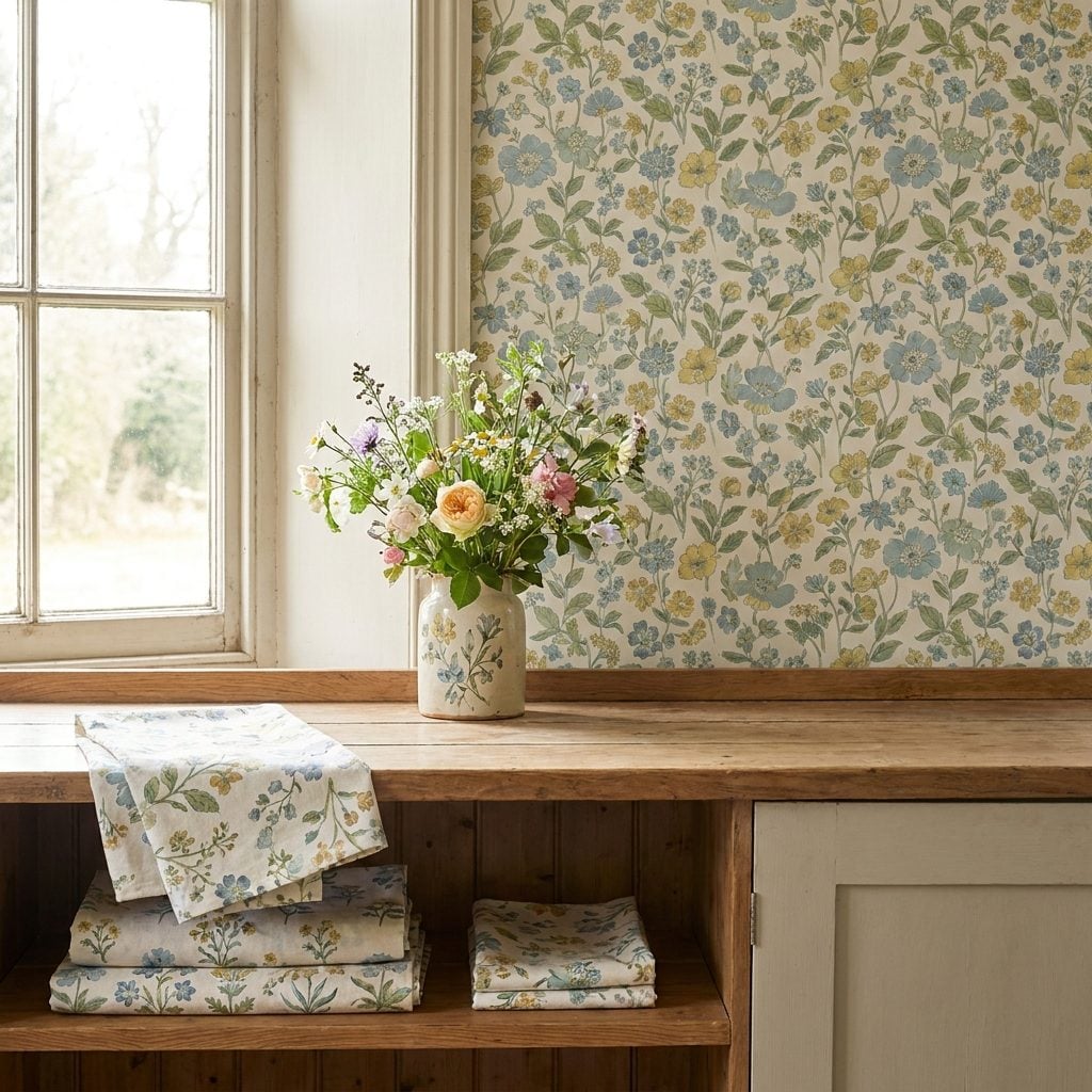 Floral and botanical patterns throughout a cheerful kitchen