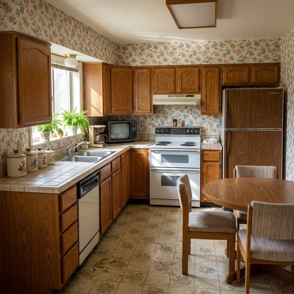 Floral Wallpaper Covering Every Kitchen Wall