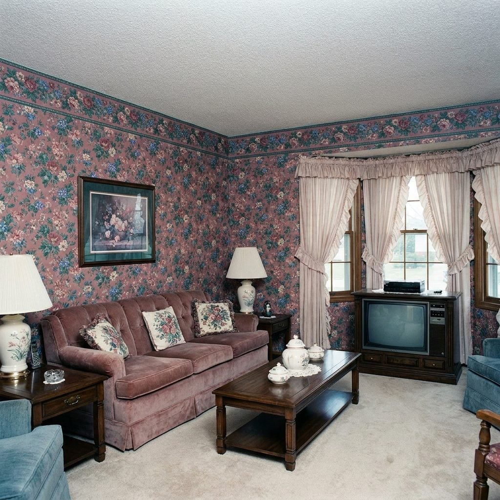 Floral Wallpaper With a Matching Border Running Along the Ceiling