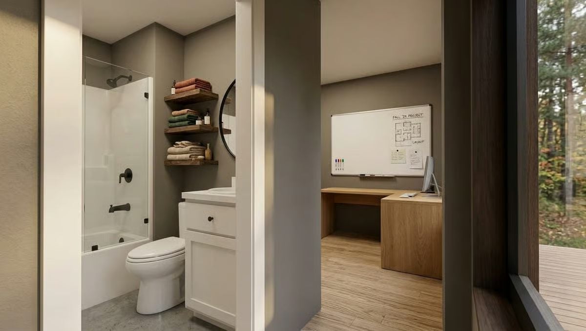 Bathroom and Loft Office Share a Wall Without Sharing a Vibe