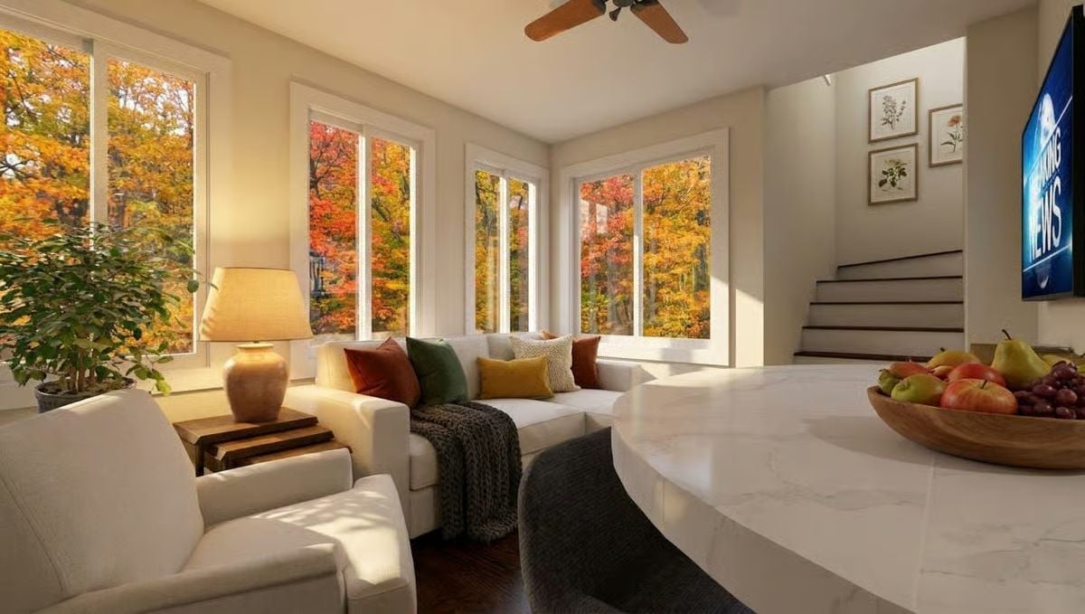 Colorful Throw Pillows Echo the Fall Foliage Just Outside the Glass
