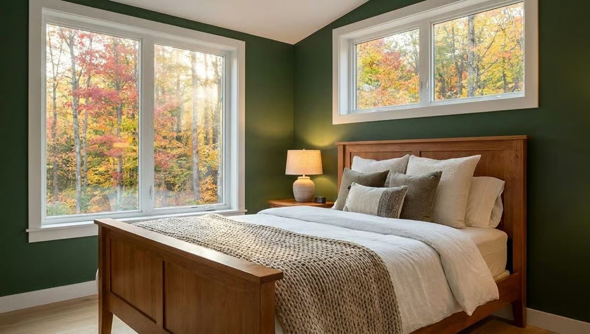 Forest Green Walls and a Wooden Bed Frame That Belongs in a Mountain Lodge