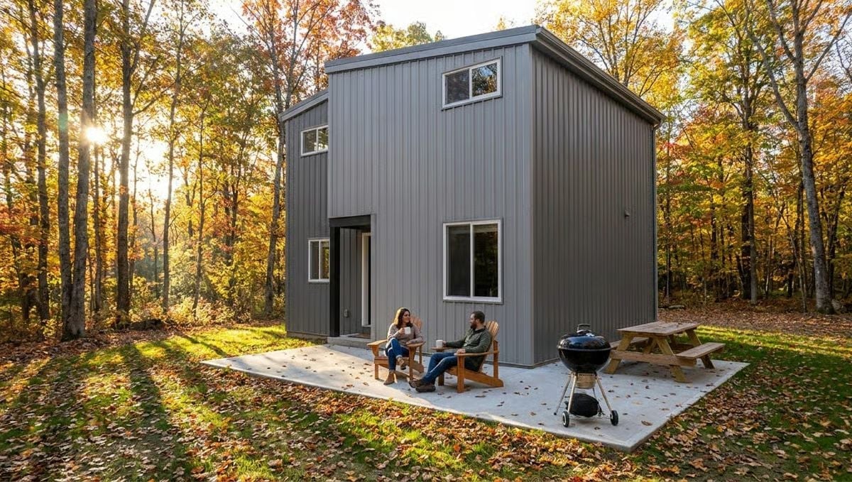 Gray Steel Siding and Adirondack Chairs in the Middle of Fall Foliage