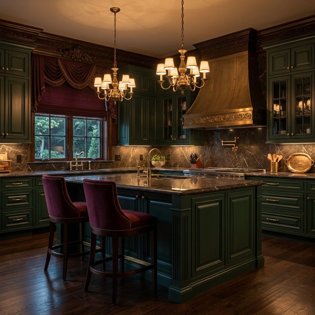 Forest Green, Burgundy, and Brass Kitchens