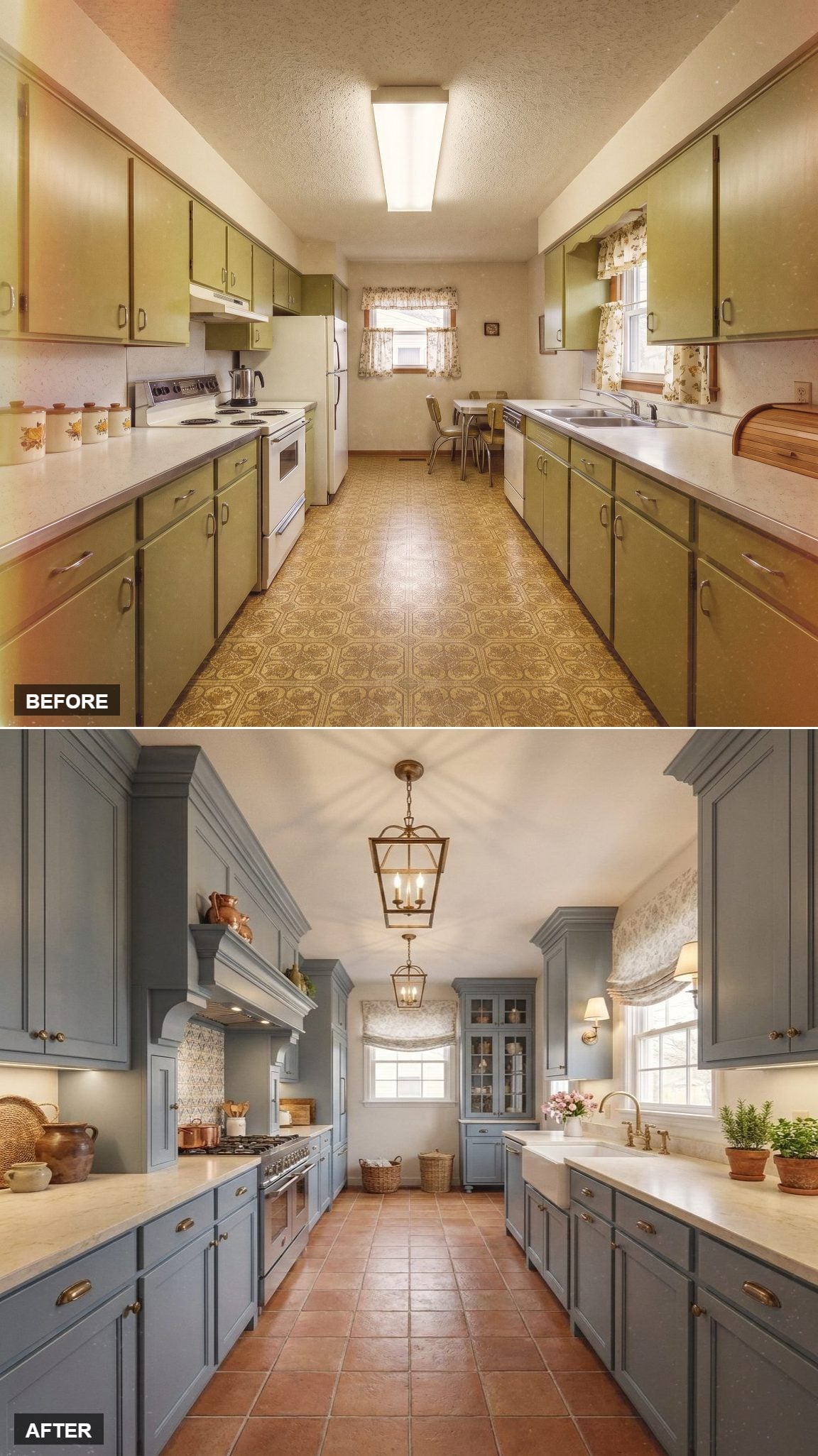 Blue-Grey Cabinets, Terracotta Floors, and Brass Lanterns That Rewrote the Galley