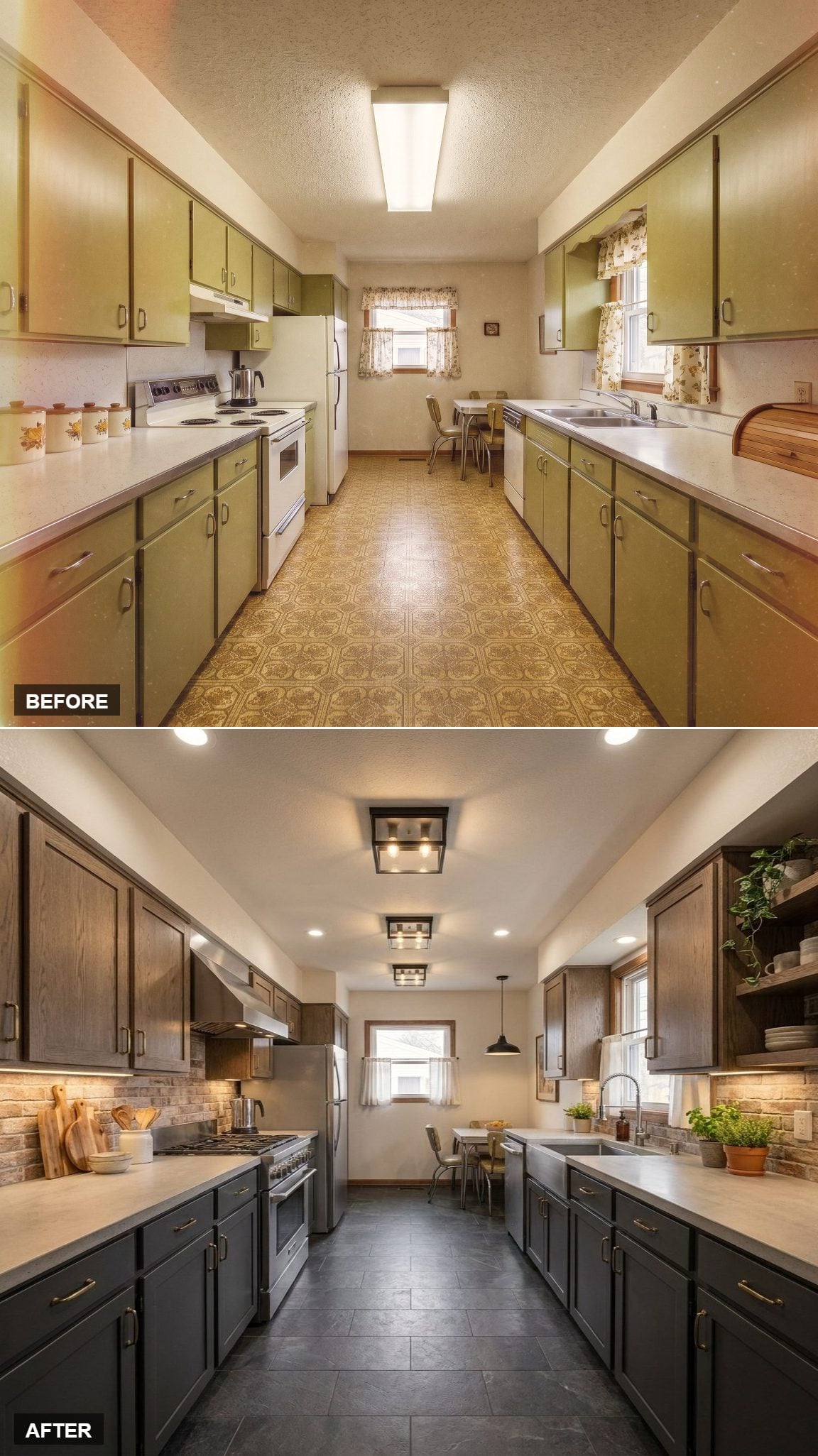 Charcoal Cabinets, Brick Backsplash, and Square Flush Mounts That Ground the Galley