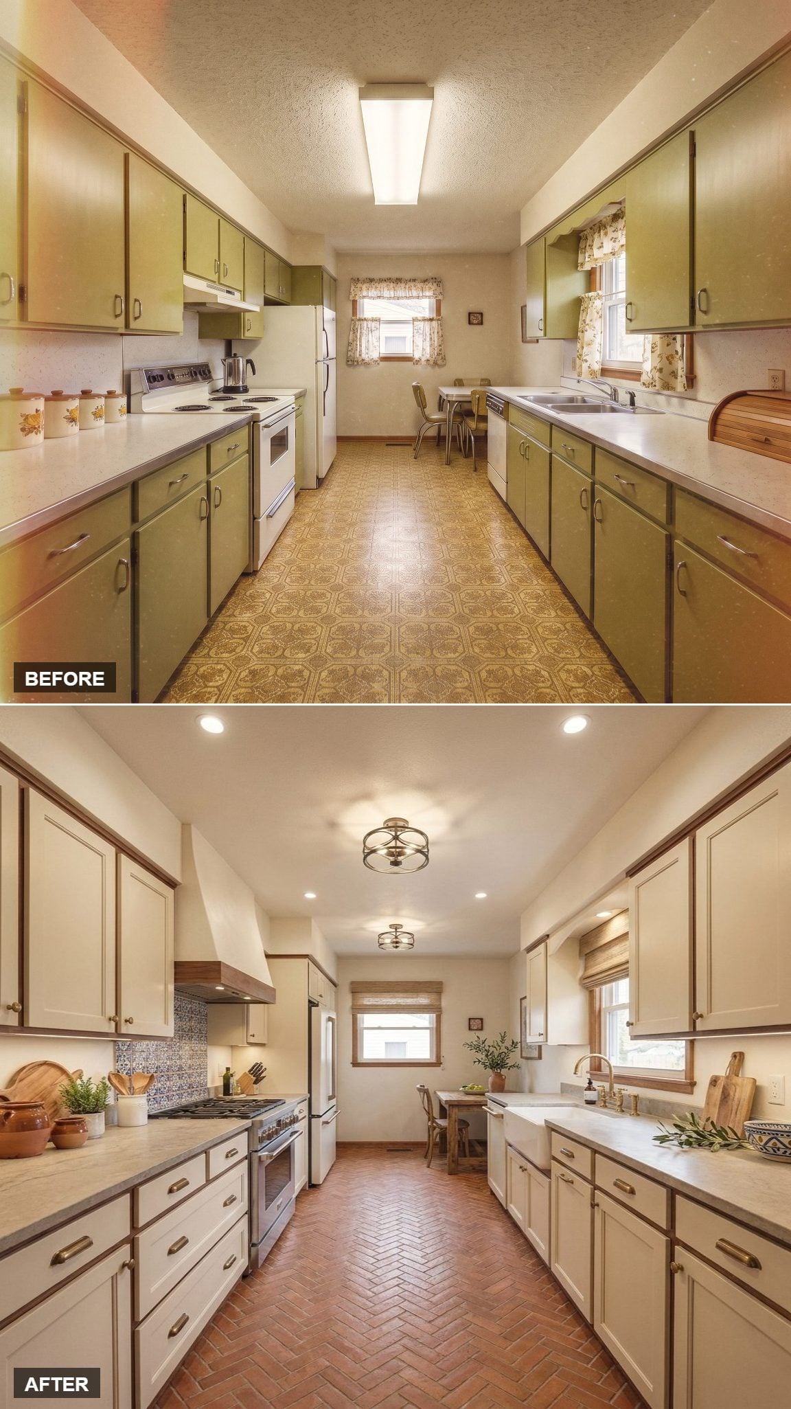 Cream Shaker Cabinets, Brick Herringbone Floors, and Bronze Hardware That Earn the Room