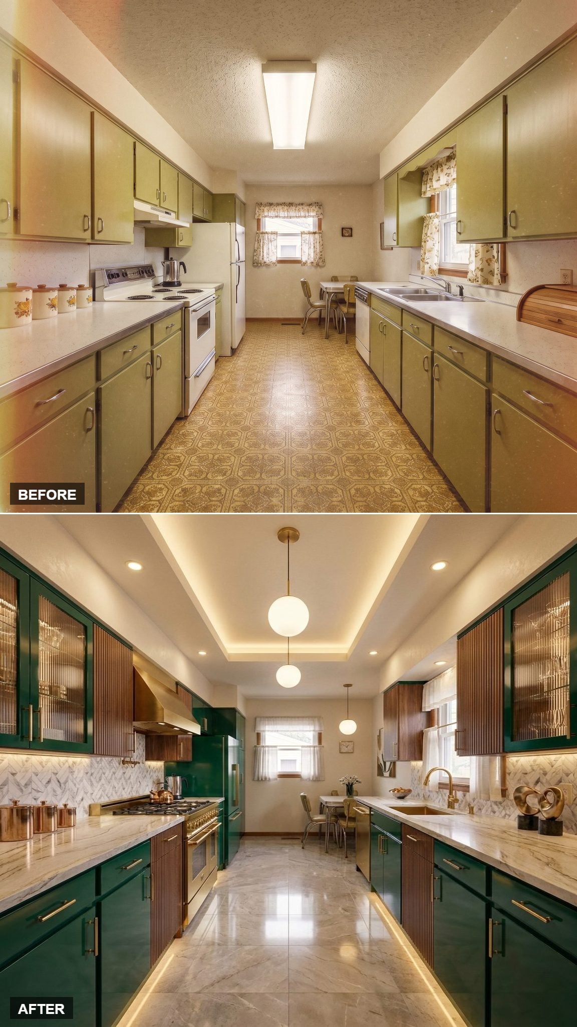 Dark Green Cabinets, Fluted Glass Inserts, and Cove Lighting That Commands the Whole Room