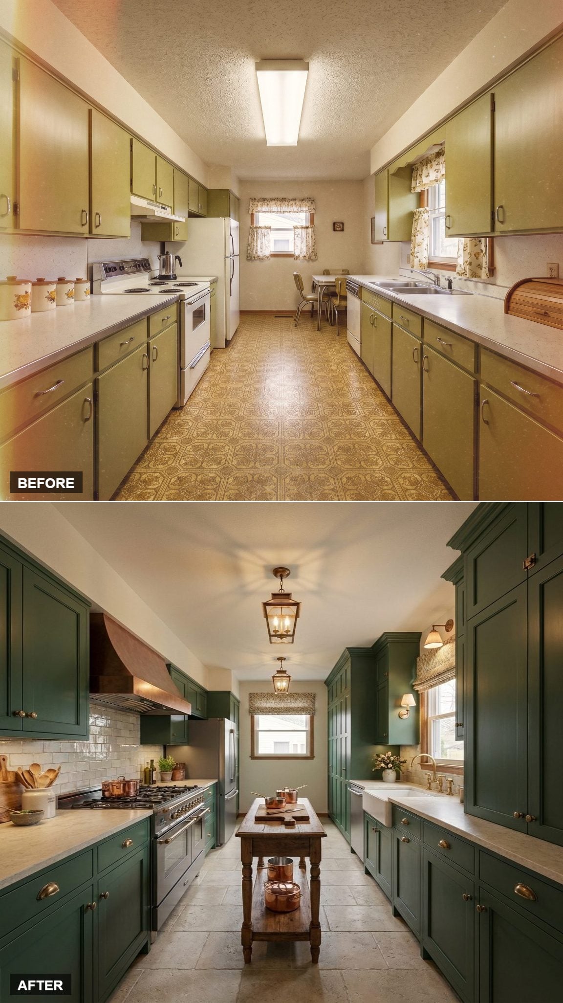 Deep Green Cabinets, Copper Hood, and a Lantern That Sets the Tone