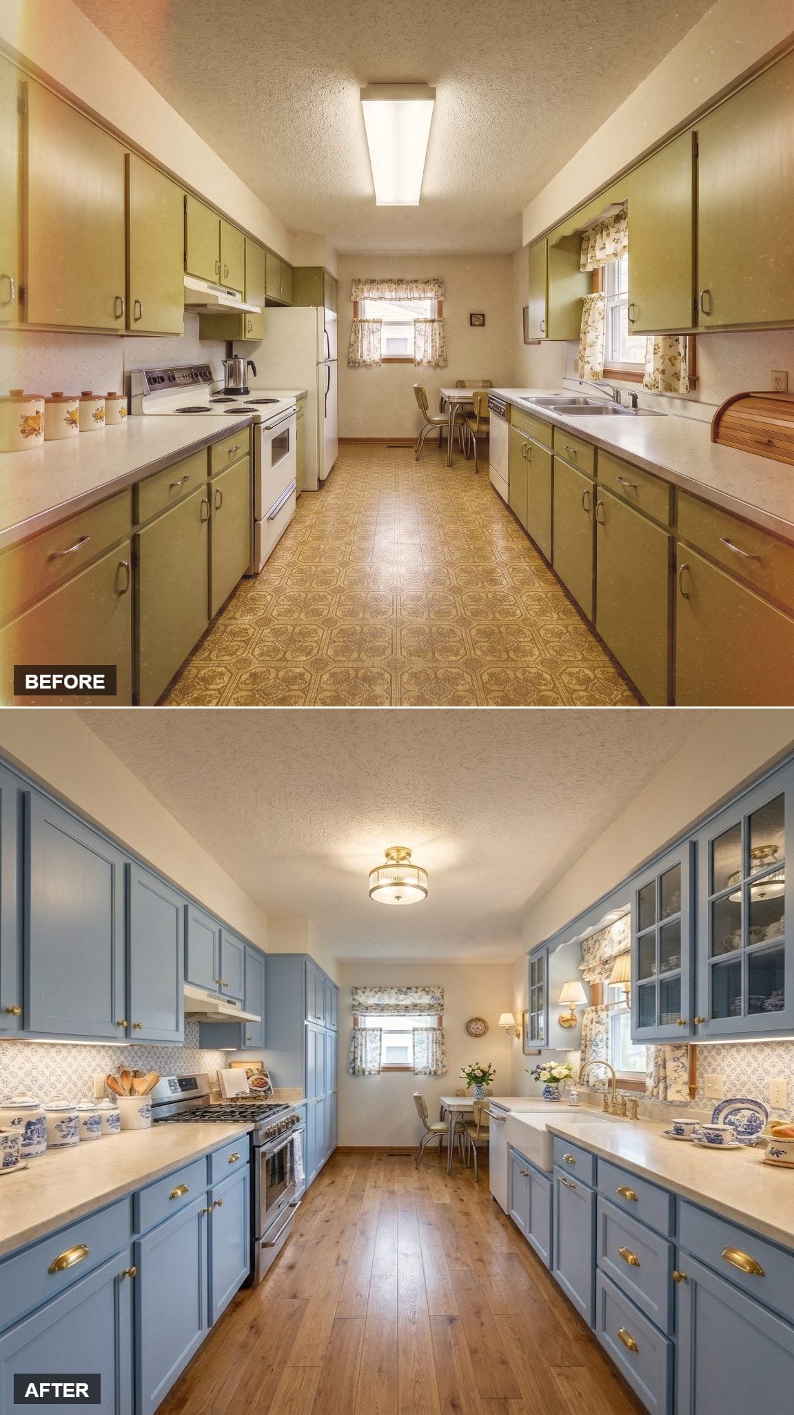 Dusty Blue Cabinets, Brass Cup Pulls, and a Farmhouse Sink That Anchor the Whole Galley
