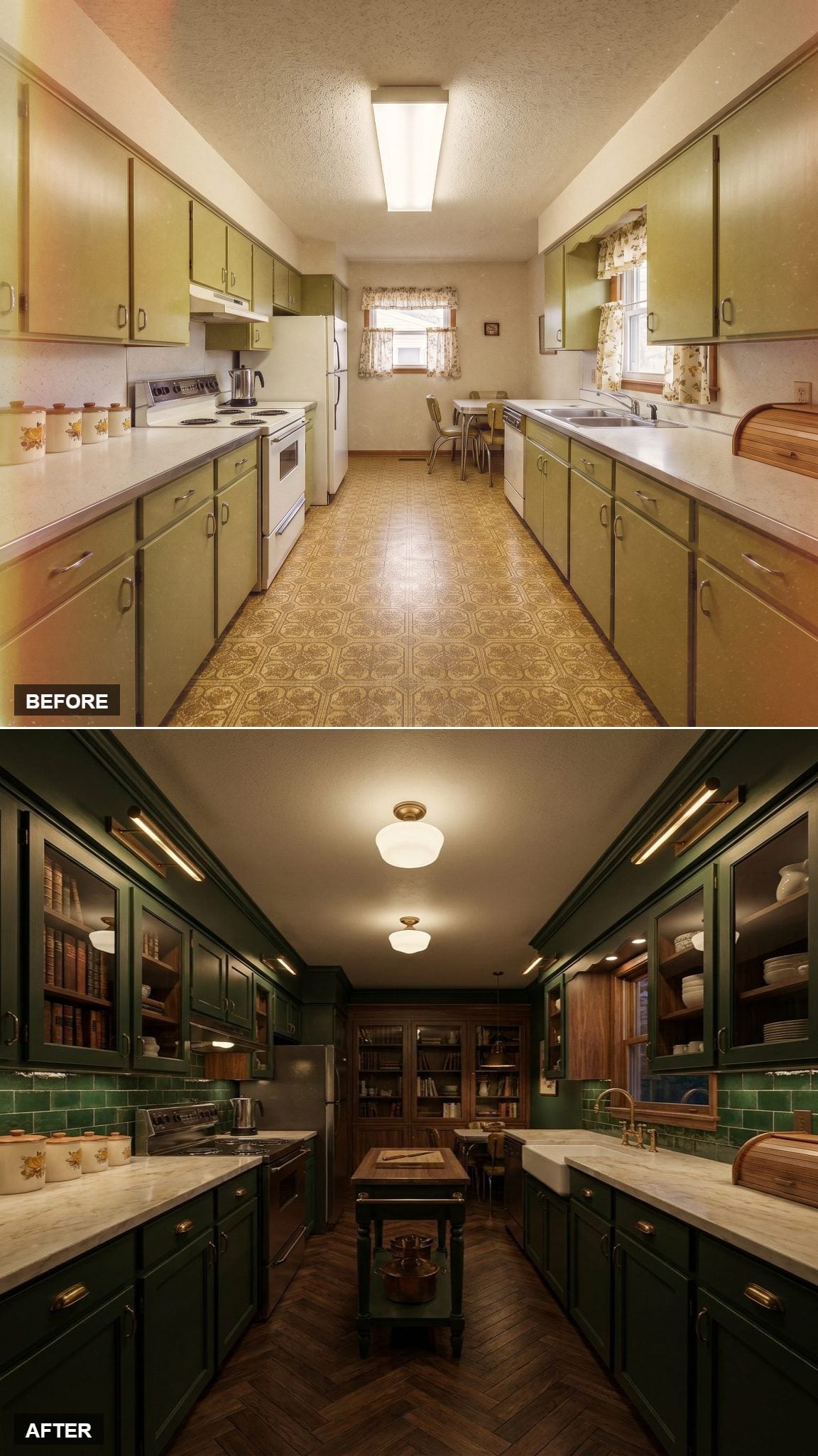 Forest Green Cabinets, Herringbone Walnut, and Schoolhouse Pendants That Set the Mood