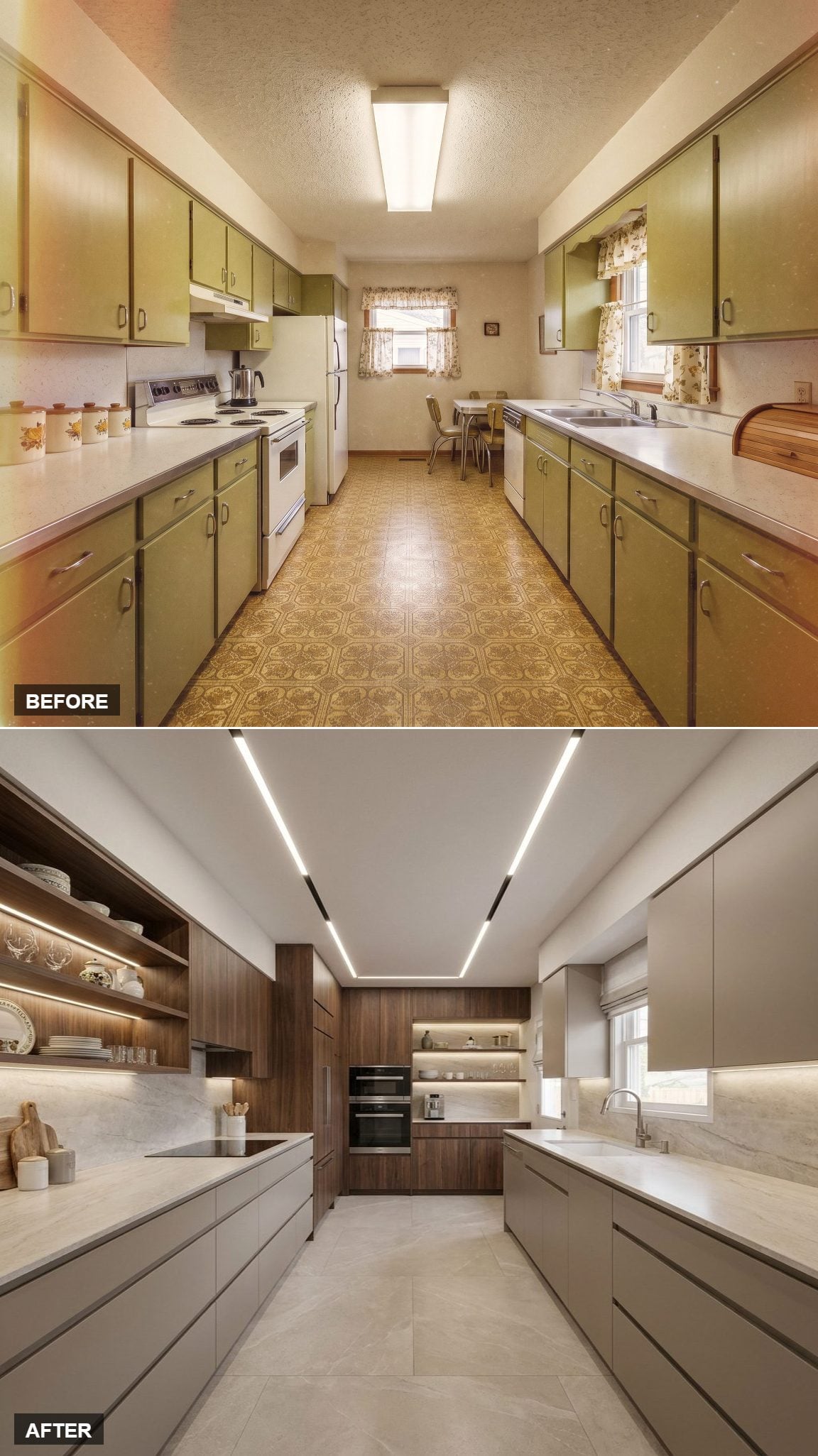 Greige Flat-Fronts, Walnut Paneling, and Linear LEDs That Run the Full Length