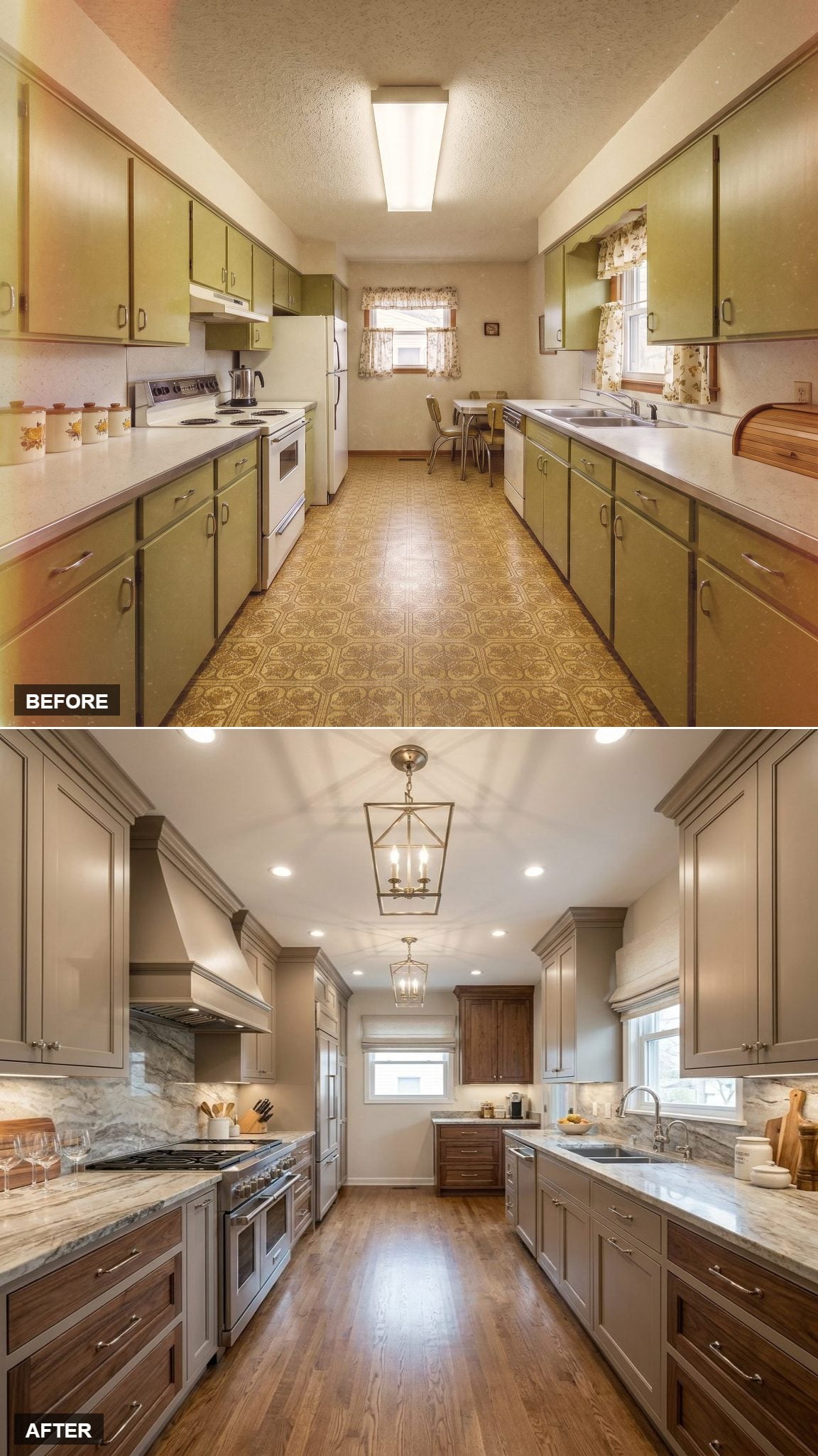 Greige Shaker Uppers, Walnut Lowers, and Lantern Pendants That Own the Galley