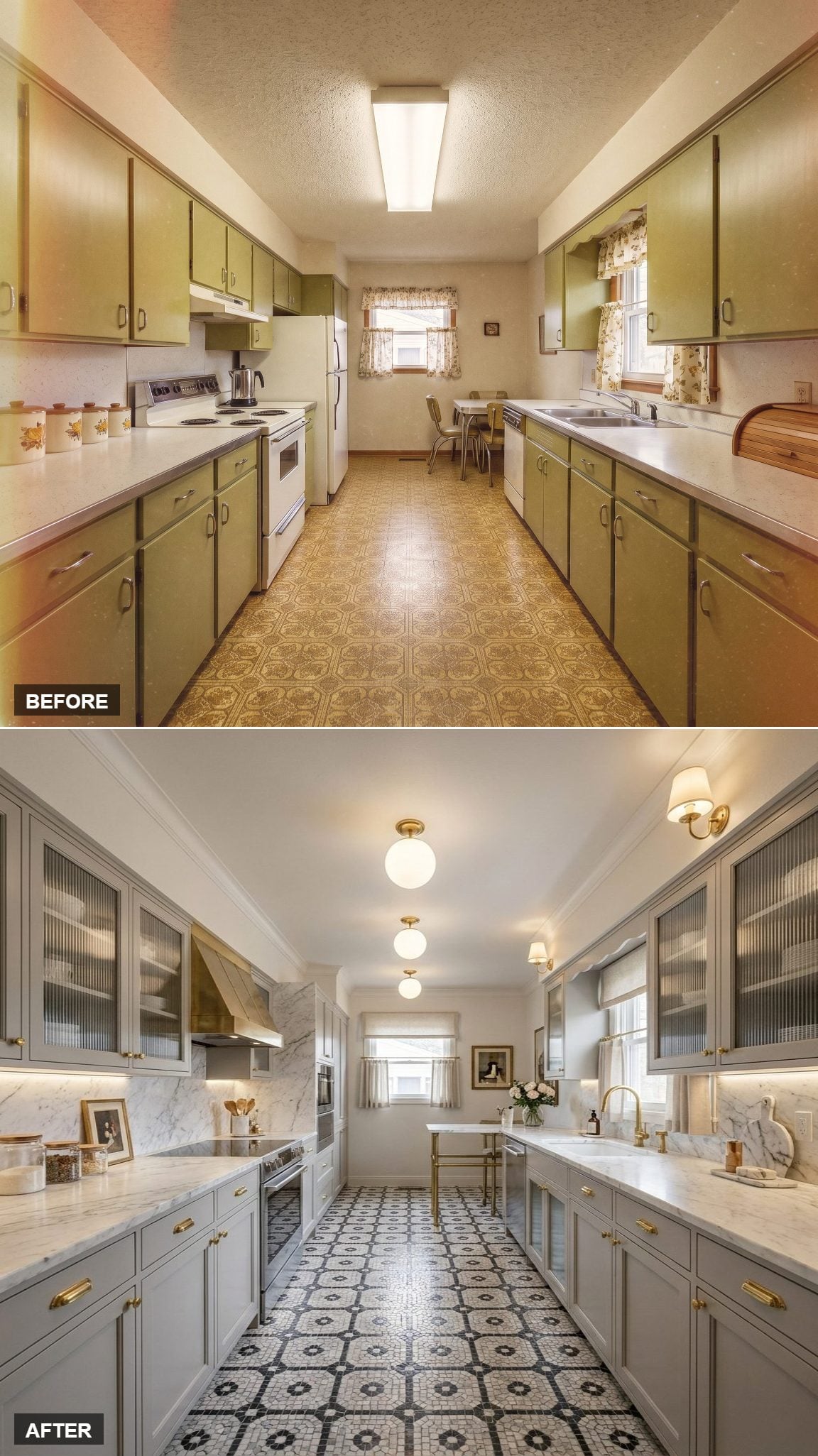 Grey Shaker Cabinets, Marble Counters, and a Mosaic Floor That Anchors Everything