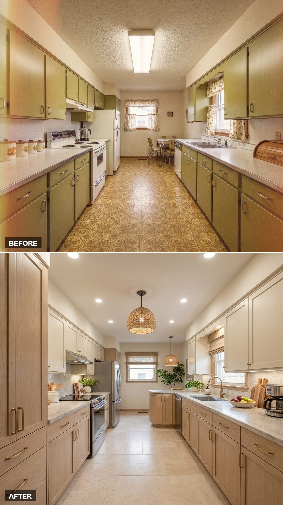 Light Oak Cabinets and Woven Pendants Pulled This Galley Out of the Past