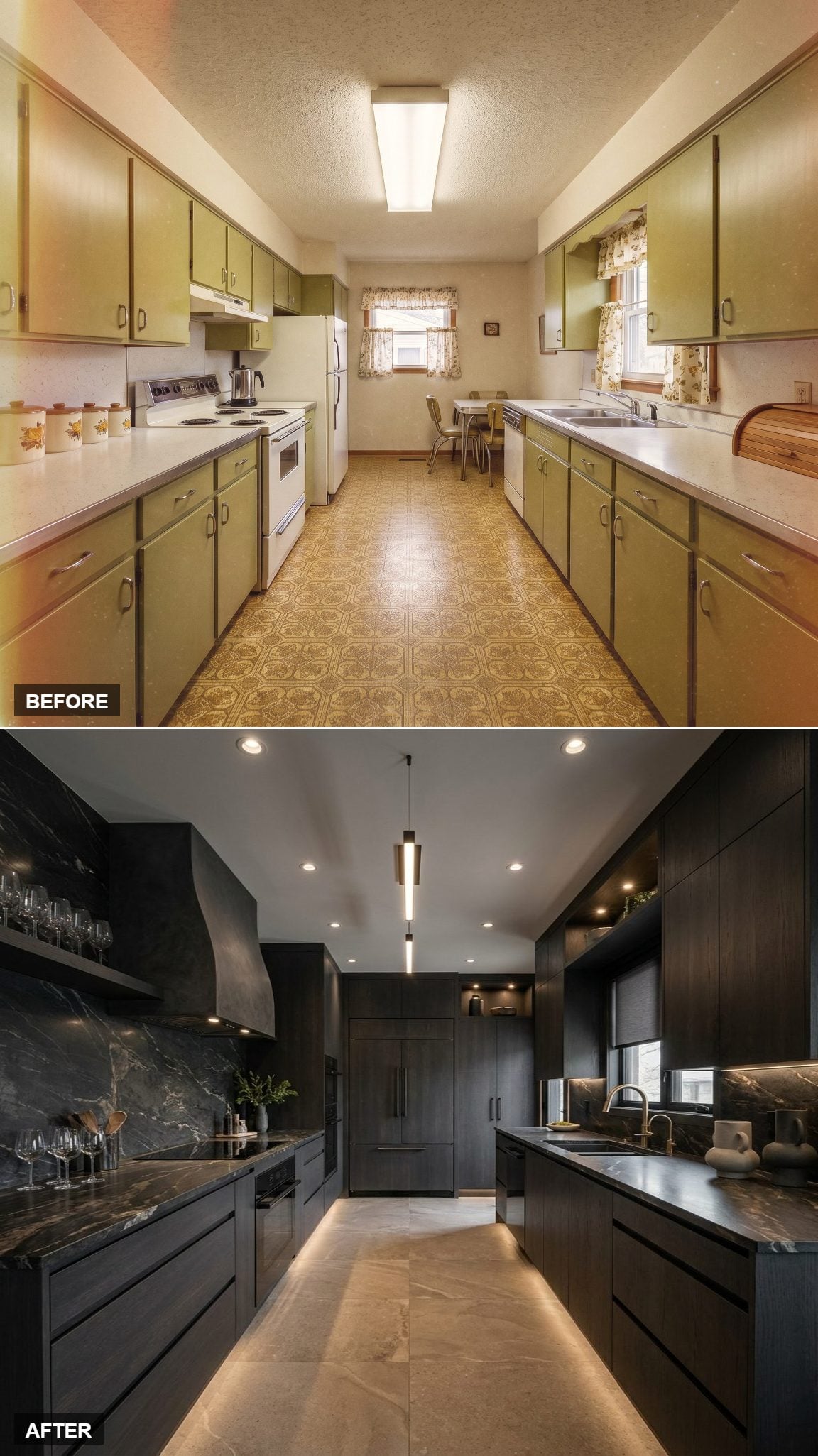 Matte Black Cabinetry, Veined Stone, and a Pendant That Earns Its Drop