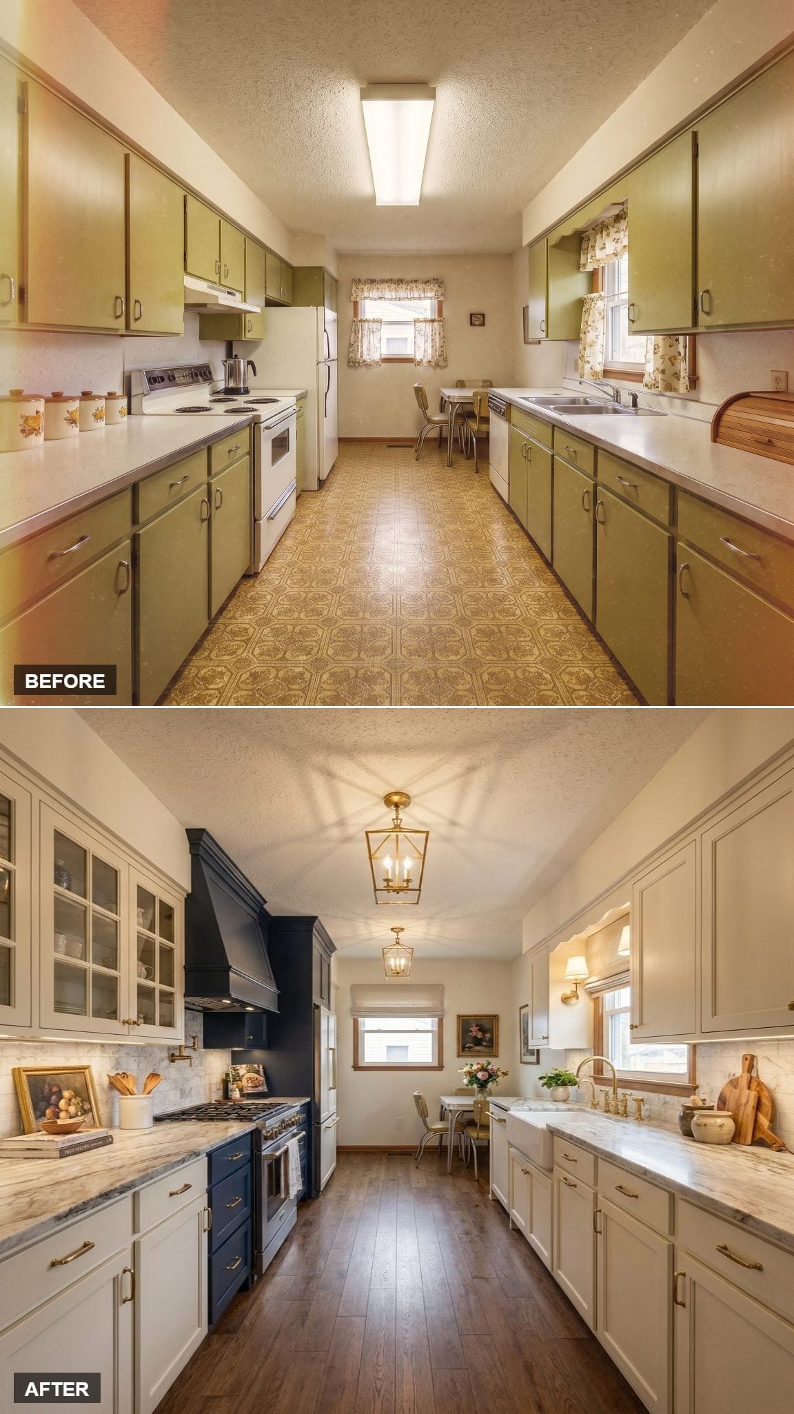 Navy Range Wall, Brass Lanterns, and Marble Counters That Rewire the Whole Galley