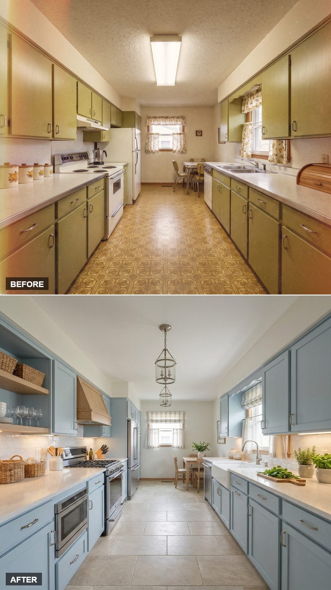 Powder Blue Cabinets, Stone Tile, and a Cage Pendant That Holds the Room Together