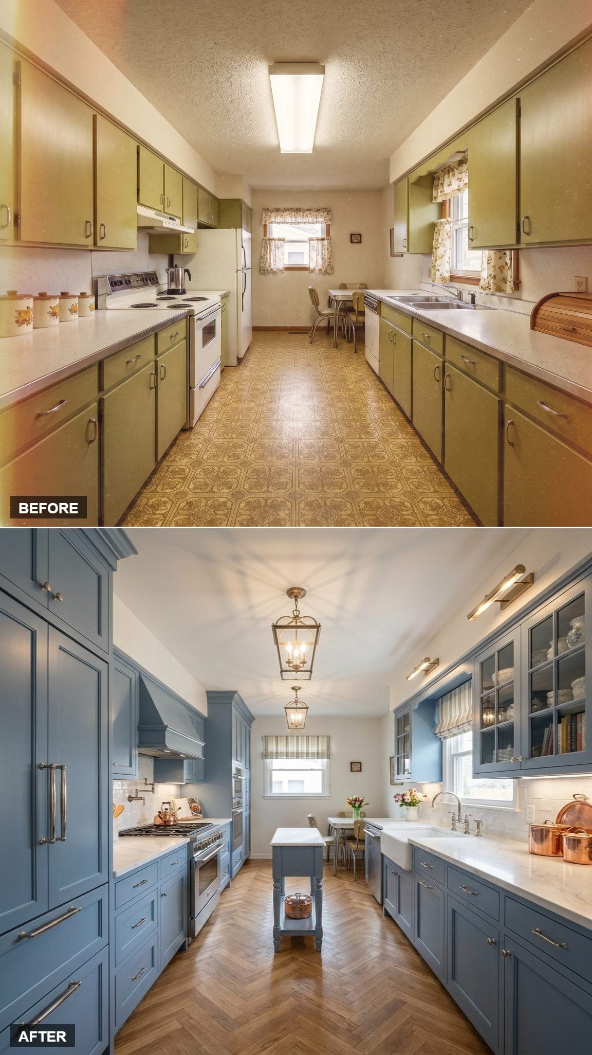 Slate Blue Cabinets, Herringbone Oak, and Brass Lanterns That Mean Business