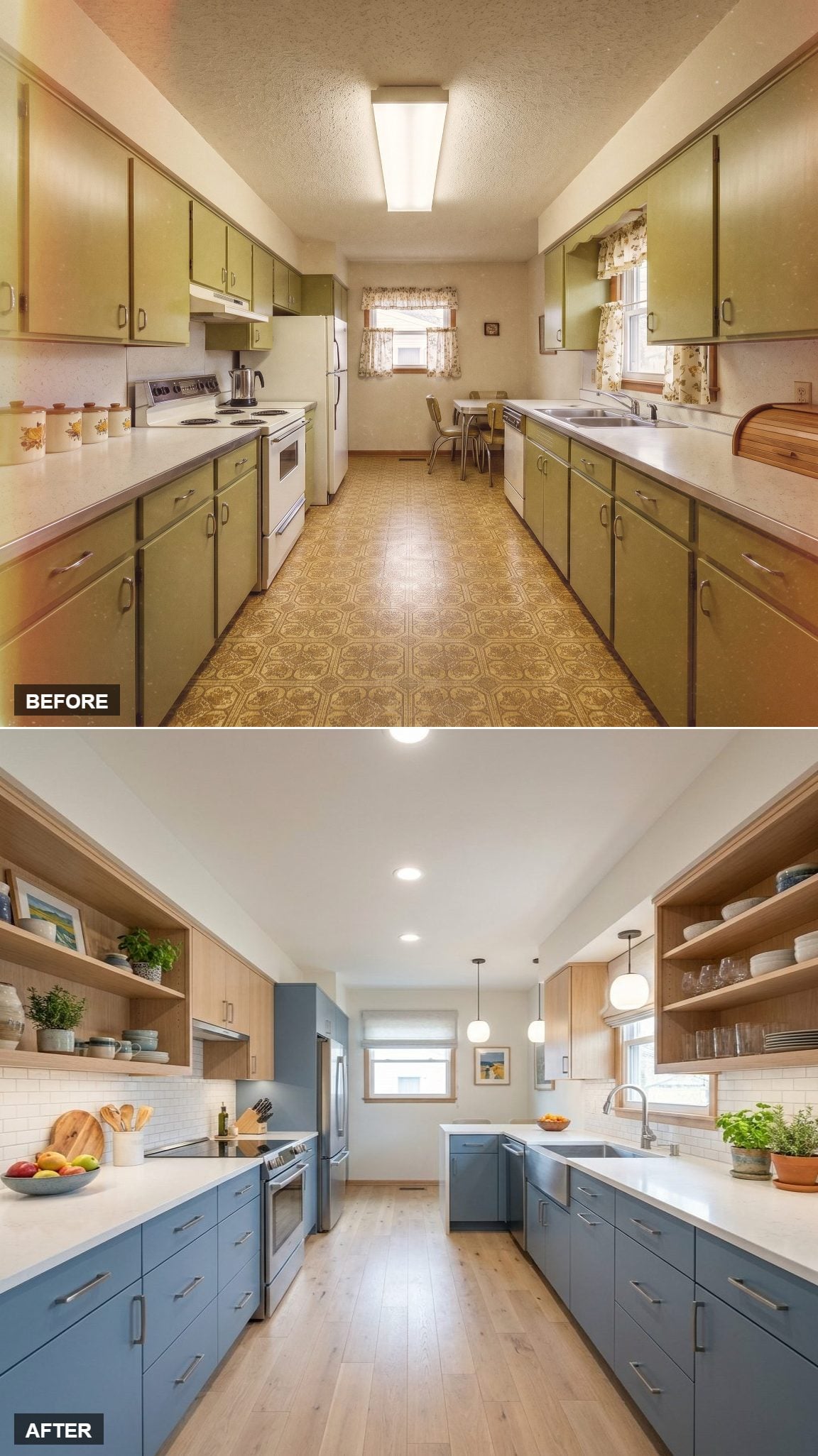 Slate Blue Lowers, Open Oak Shelving, and Globe Pendants That Actually Earn the Space