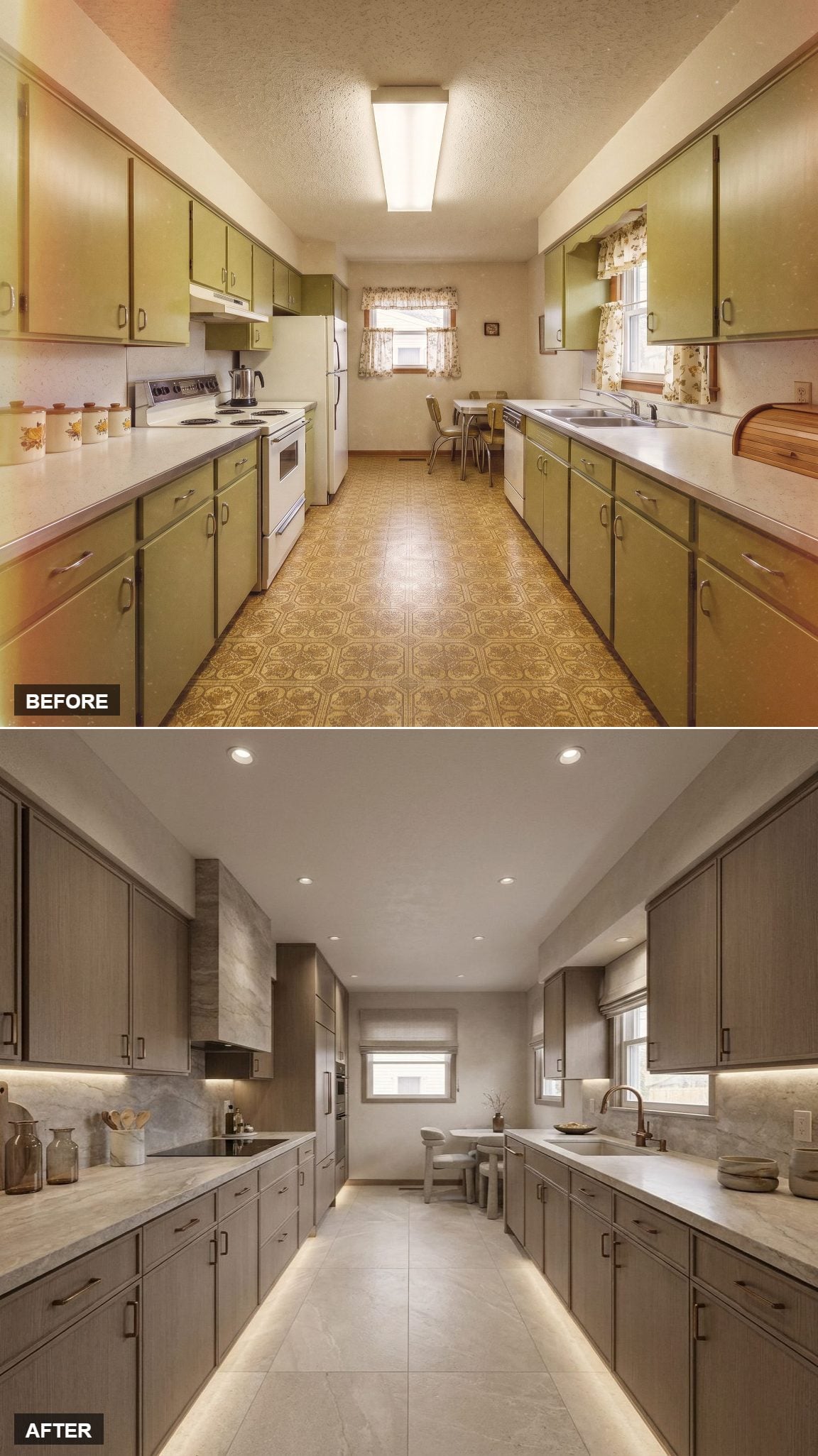 Taupe Flat-Fronts, Marble Slab Backsplash, and Recessed Cans That Actually Pull Their Weight