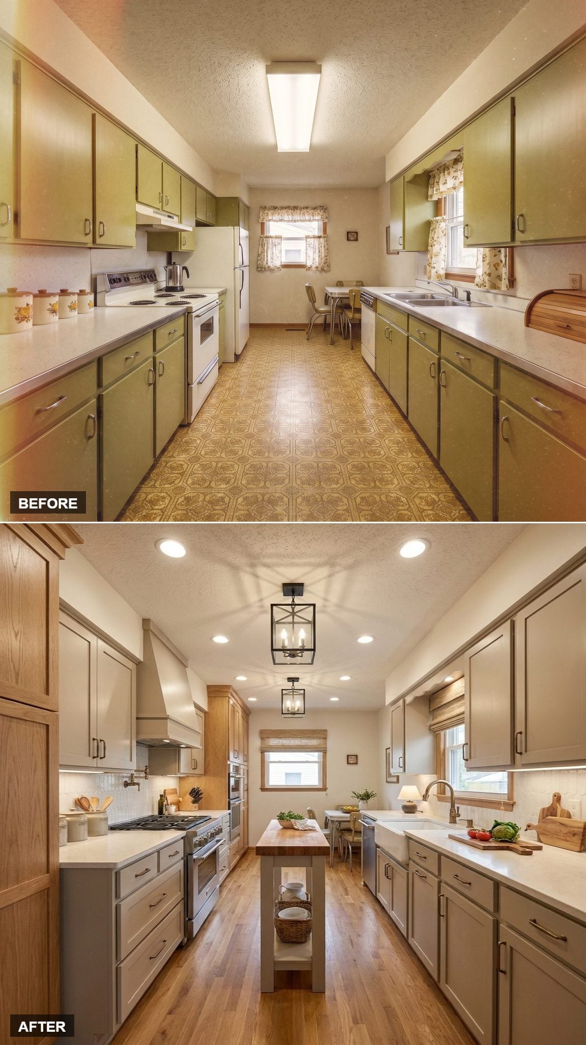 Taupe Shaker Cabinets, Butcher Block Island, and Lantern Pendants That Pulled It Together