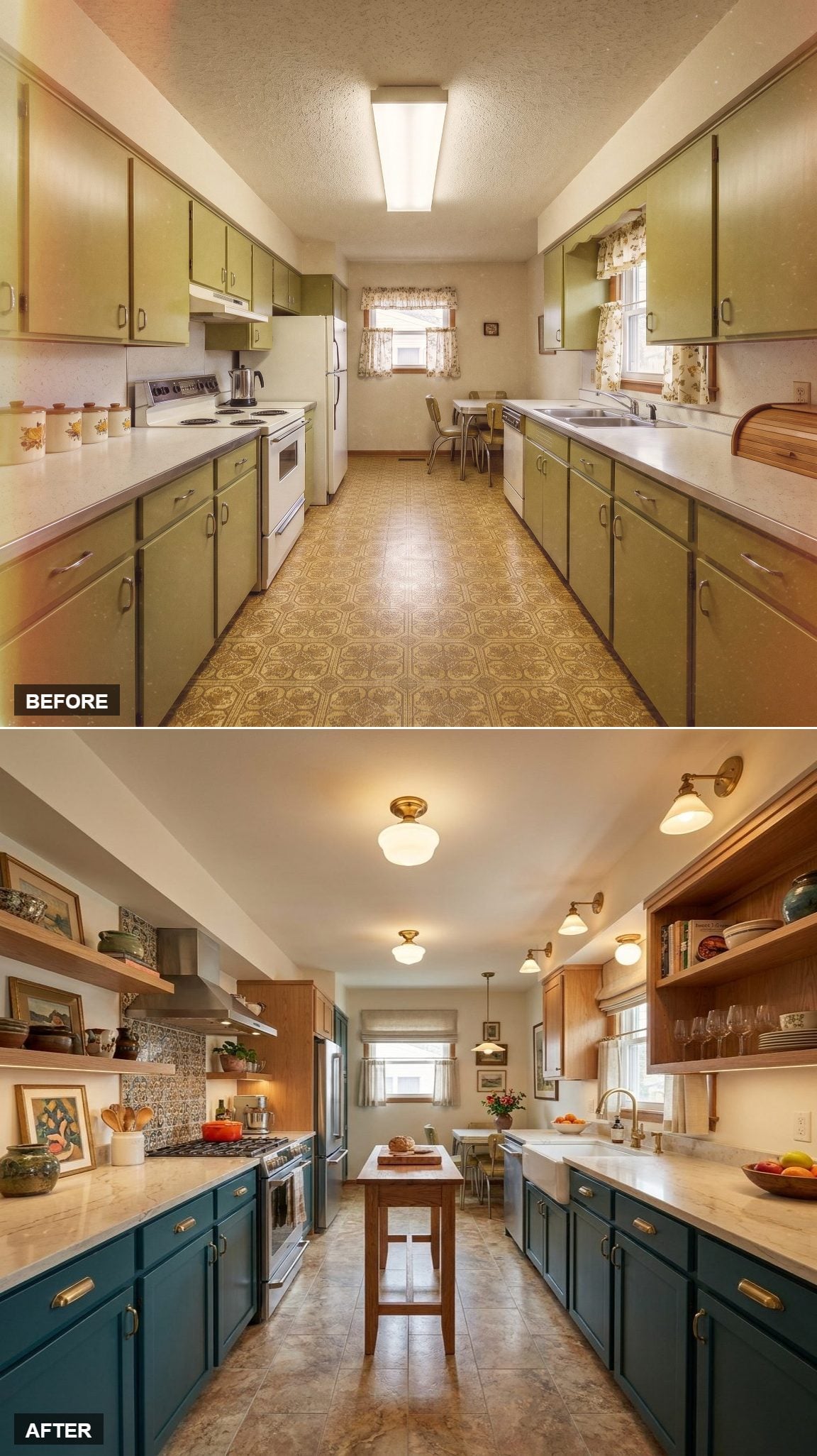 Teal Lowers, Open Walnut Shelving, and Schoolhouse Flush Mounts That Close the Deal