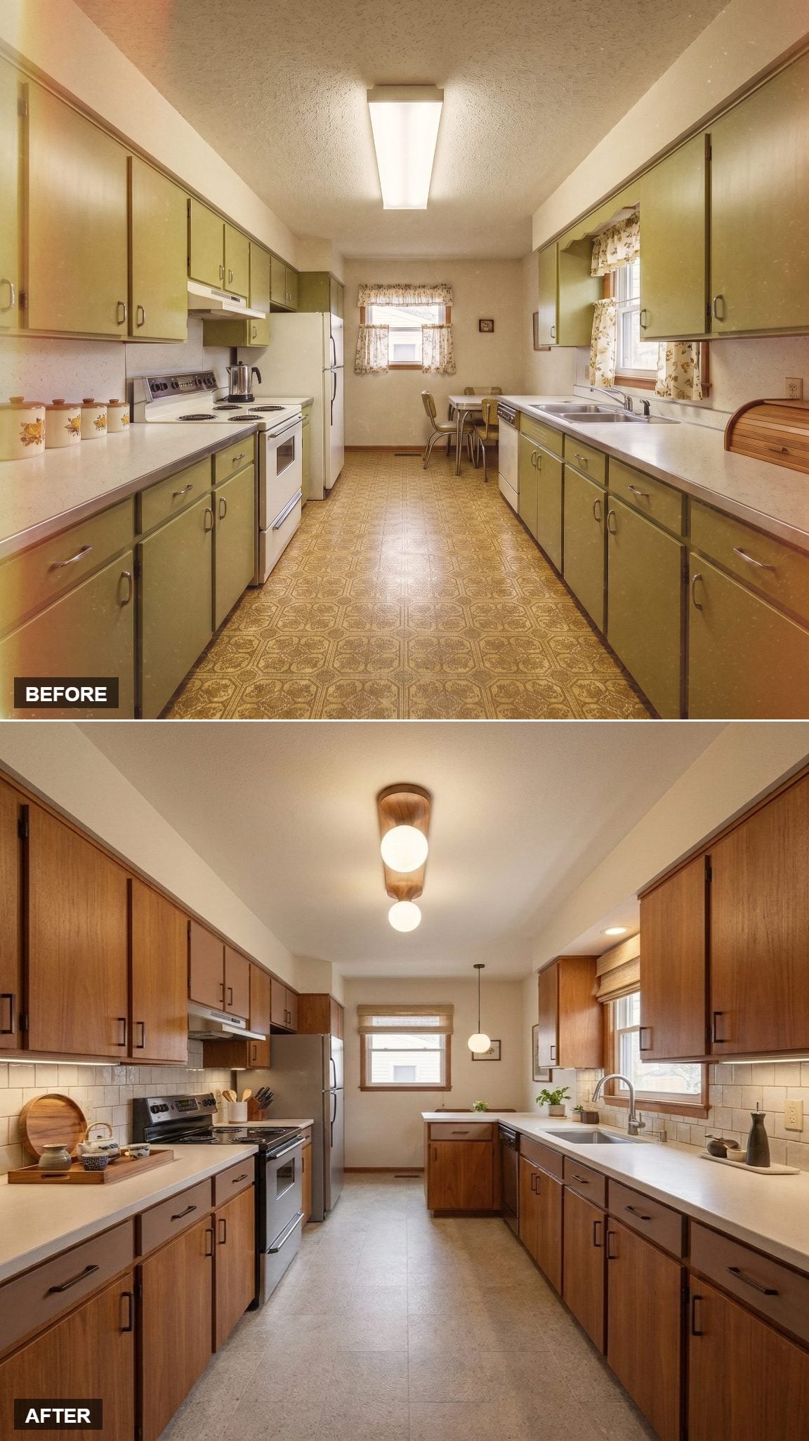 Warm Oak Cabinets, Subway Tile, and Globe Flush Mounts That Anchor the Galley