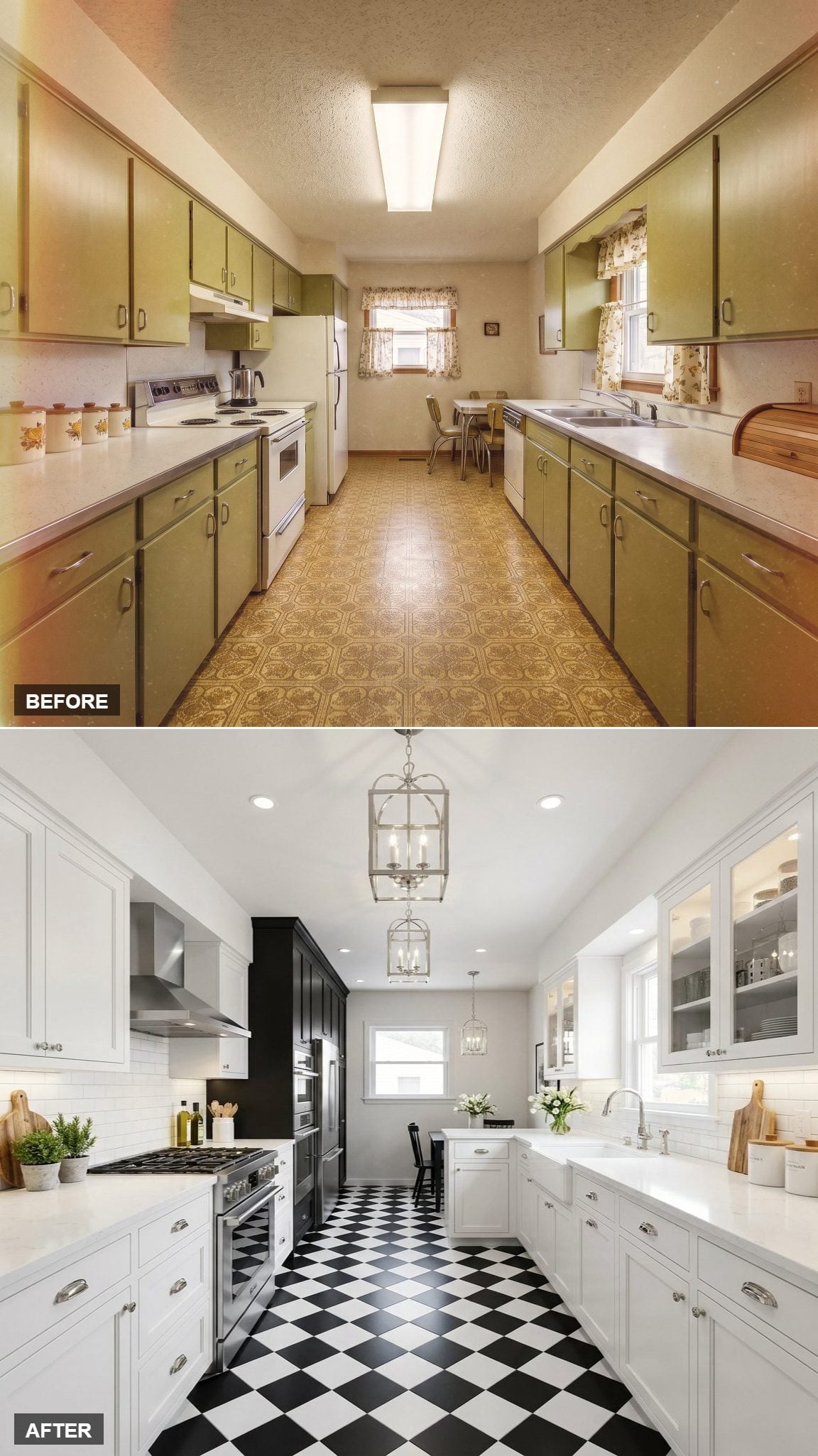 White Shaker Cabinets, Checker Floors, and Lantern Pendants That Actually Belong Here