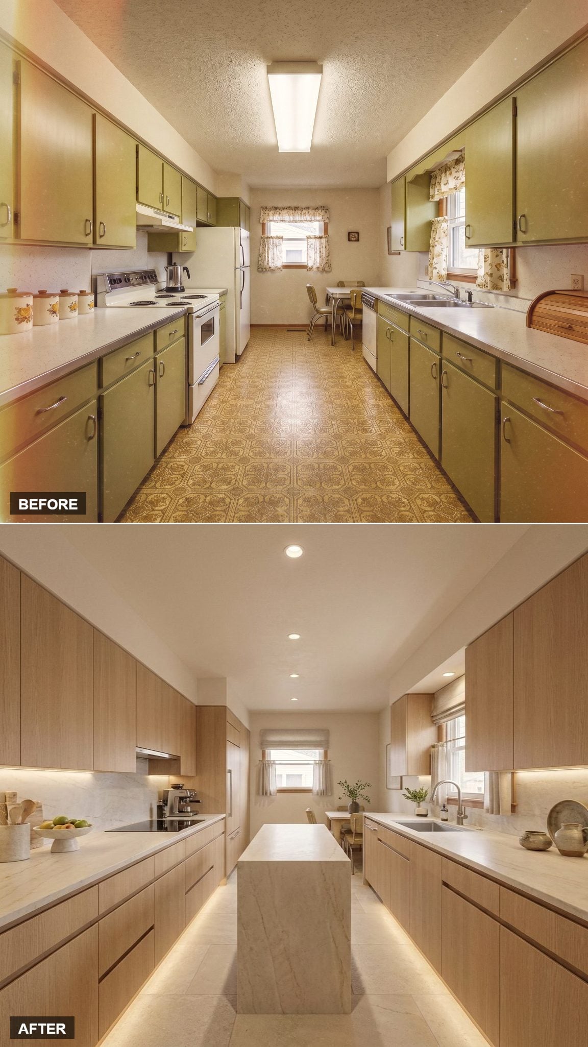 Whitewashed Oak Flat-Fronts, a Stone Island, and Toe-Kick LEDs That Do the Heavy Lifting