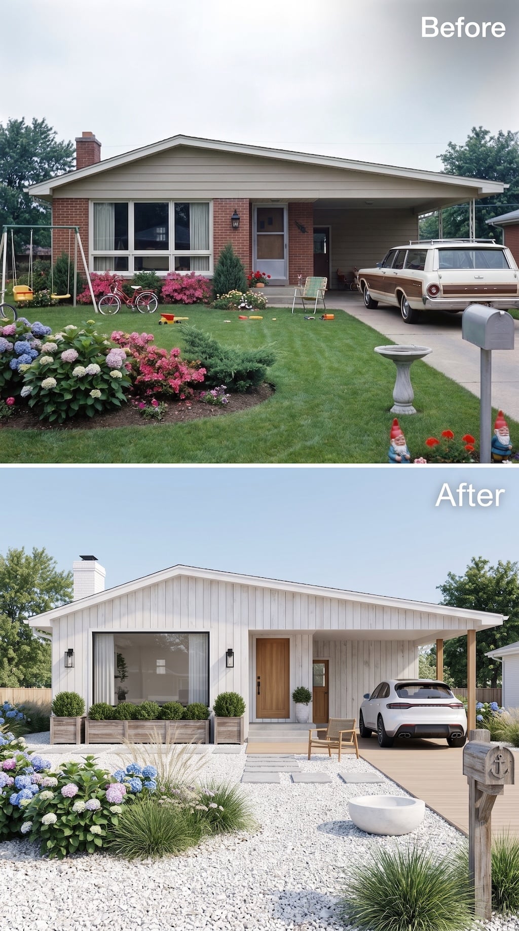 White Board-and-Batten, Hydrangeas, and Gravel Give the Ranch a Lighter Touch