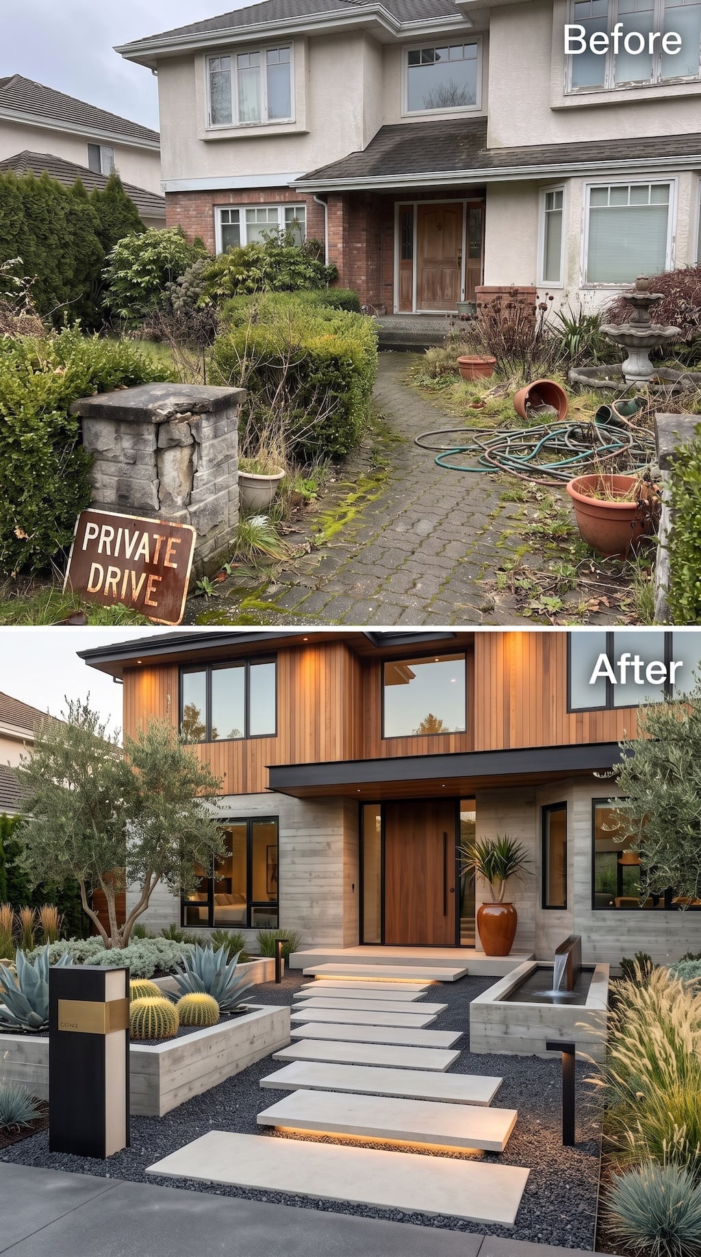 Before and after charcoal front facade with pale pavers, white hydrangeas, clipped boxwood, ornamental grasses, fountain, and entry pillar