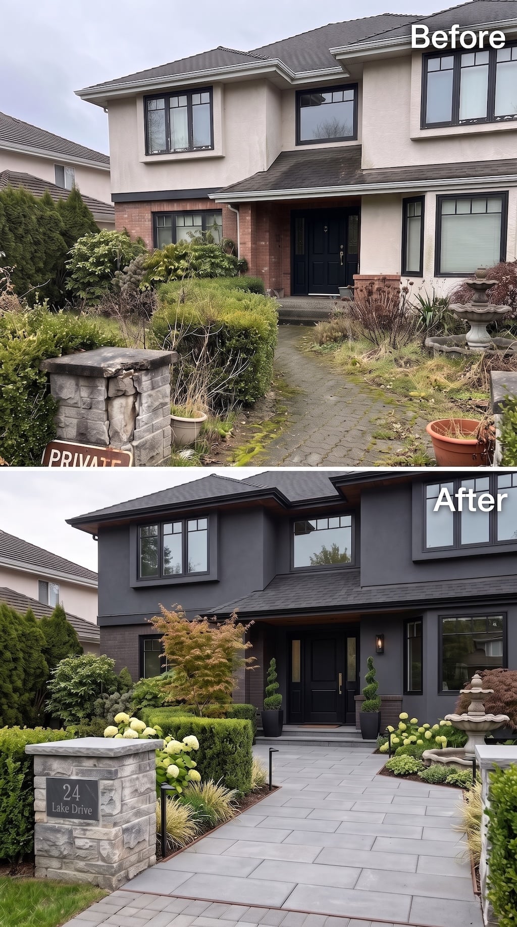 Before and after front garden with herringbone brick walk, lavender, white hydrangeas, clipped shrubs, path lighting, and modern black water feature