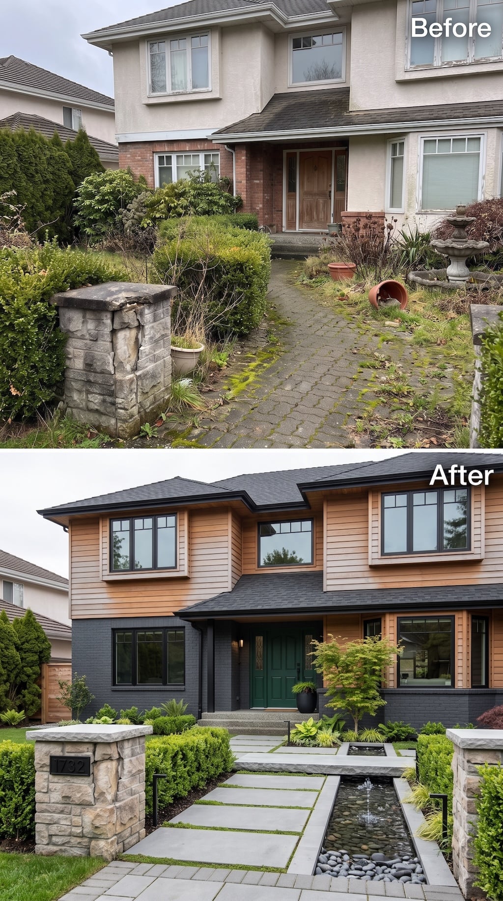 Before and after front entry with warm wood cladding, dark brick, floating concrete steppers, modern planting, and a linear water feature