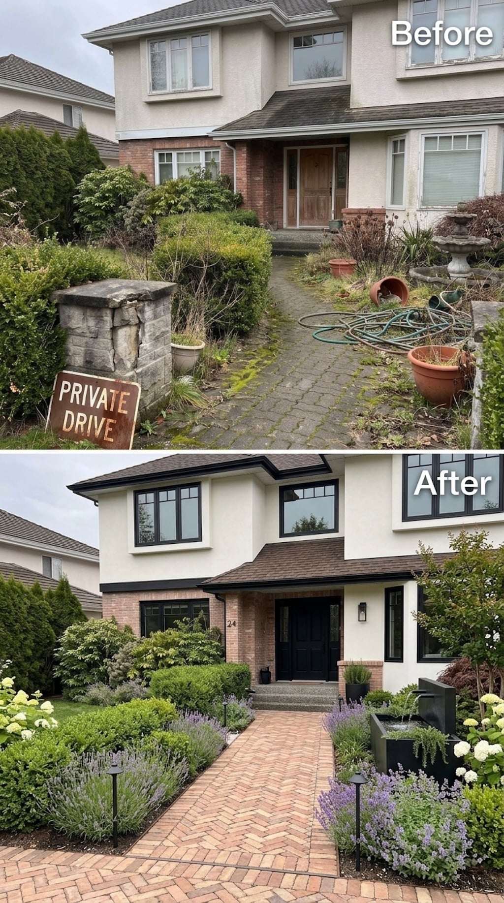 Before and after modern front entry with wood cladding, concrete planters, agave, barrel cactus, olive-like trees, floating steppers, and linear water feature