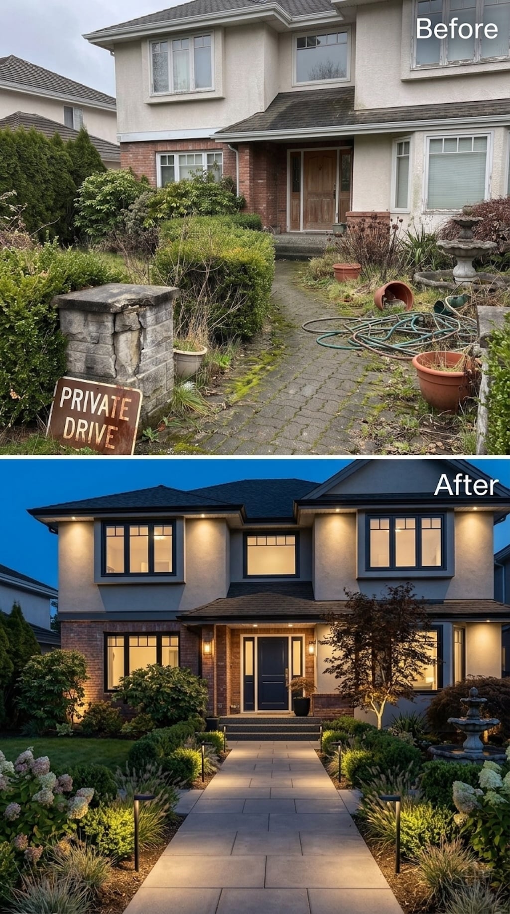Before and after front entry with wide pale pavers, path lights, hydrangeas, ornamental grasses, and an illuminated facade