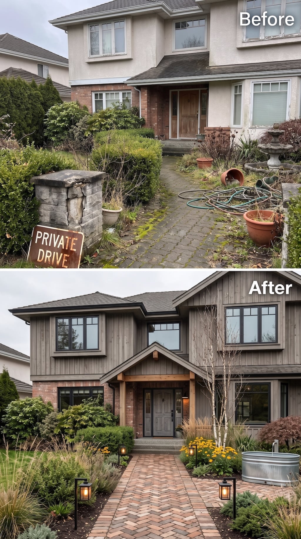 Before and after front entry with weathered wood siding, herringbone brick walk, birch trees, ornamental grasses, lanterns, and galvanized water trough
