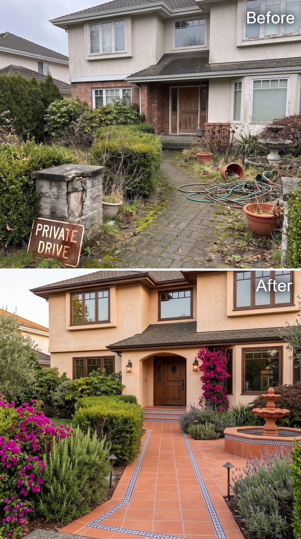 Before and after Mediterranean-inspired front garden with terracotta tile, bougainvillea, lavender, warm lanterns, and tiled fountain