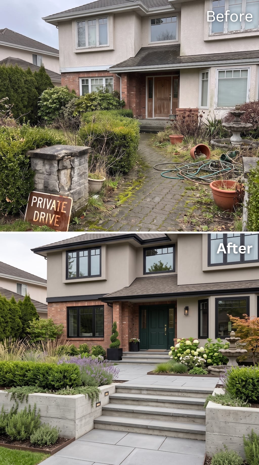 Before and after front entry with broad concrete steps, raised planters, lavender, hydrangeas, clipped shrubs, and fountain