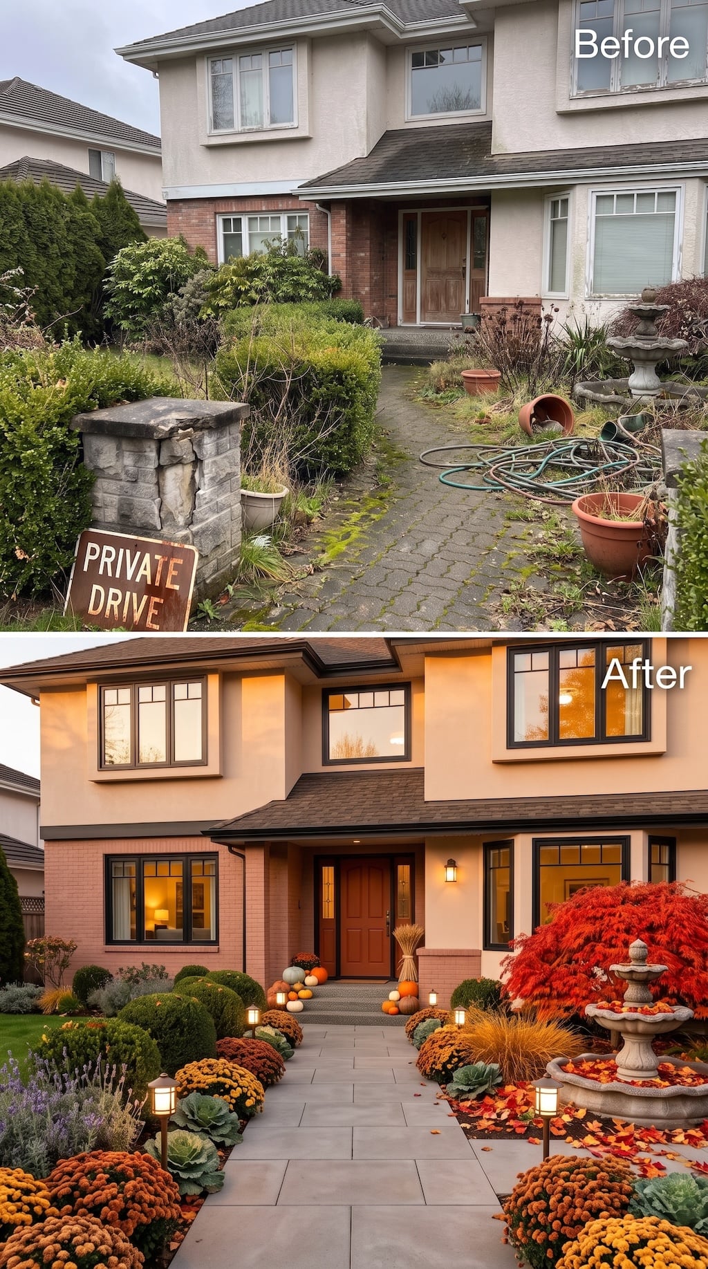 Before and after autumn front garden with Japanese maple, chrysanthemums, ornamental grasses, pumpkins, path lights, and fountain