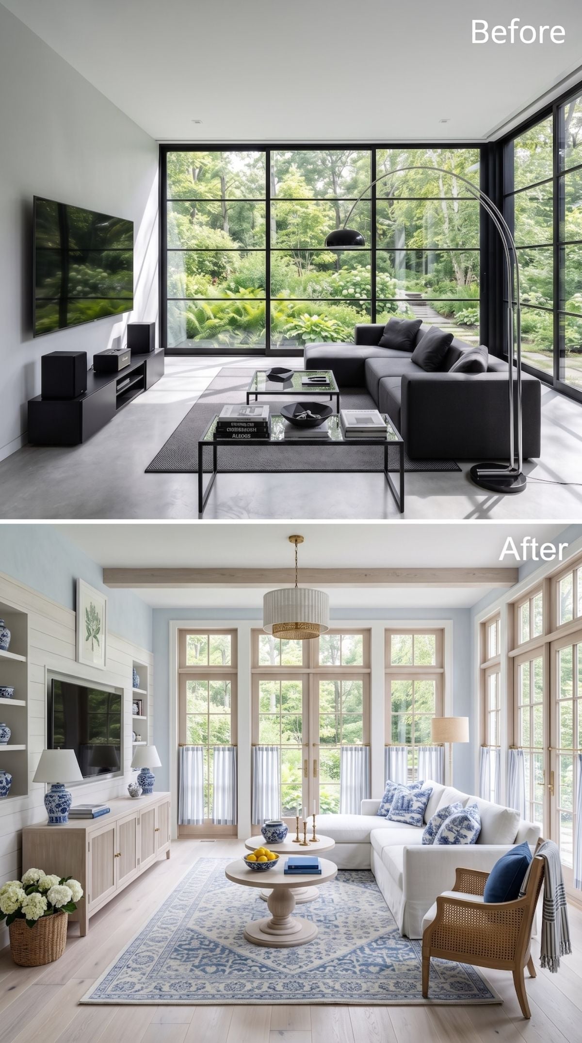 Black Steel and Dark Sectionals Traded for Shiplap, Chinoiserie, and Warm Oak