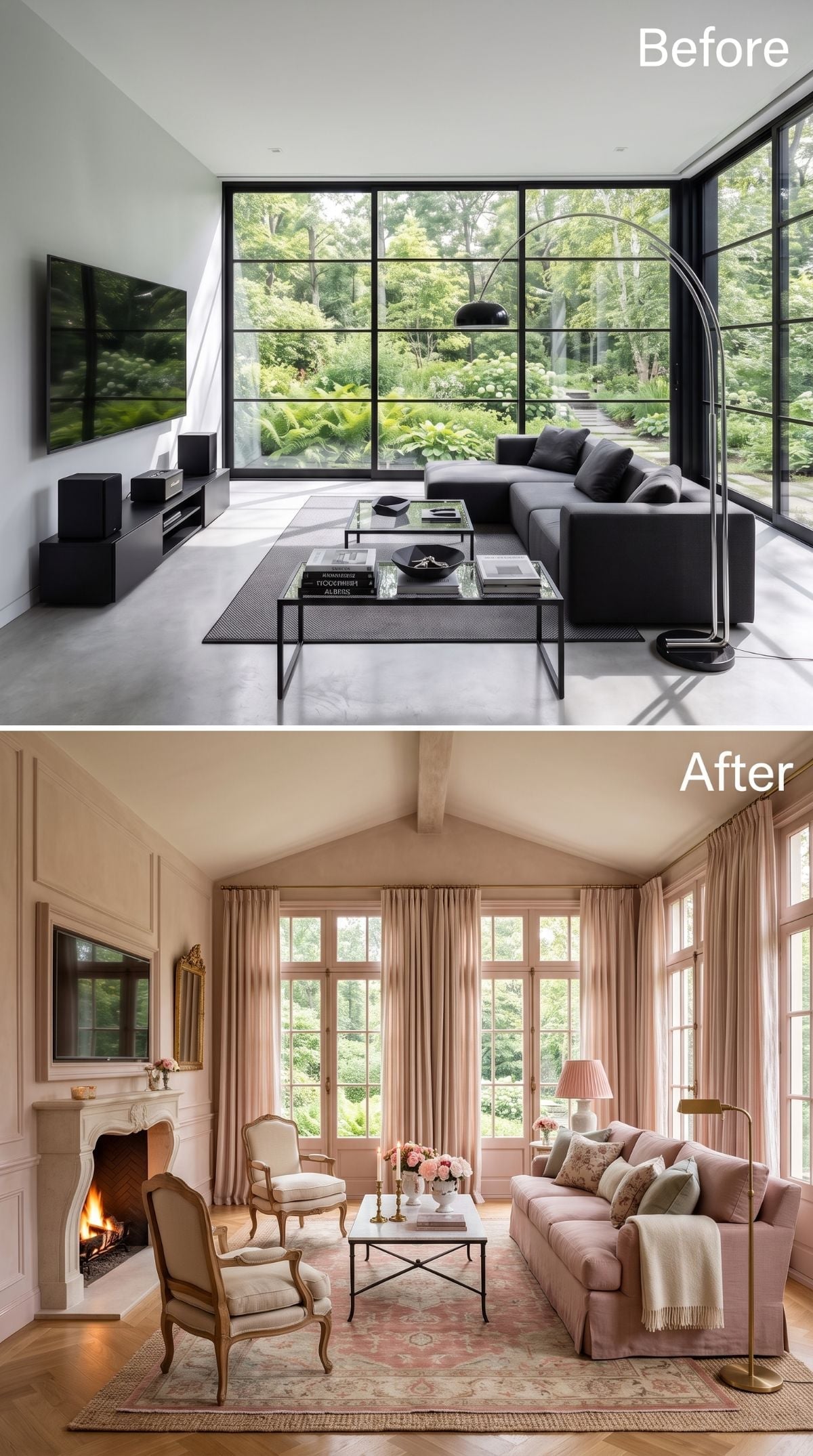 Blush Linen, a Lit Fireplace, and French Chairs Finished Off Black Steel and Glass