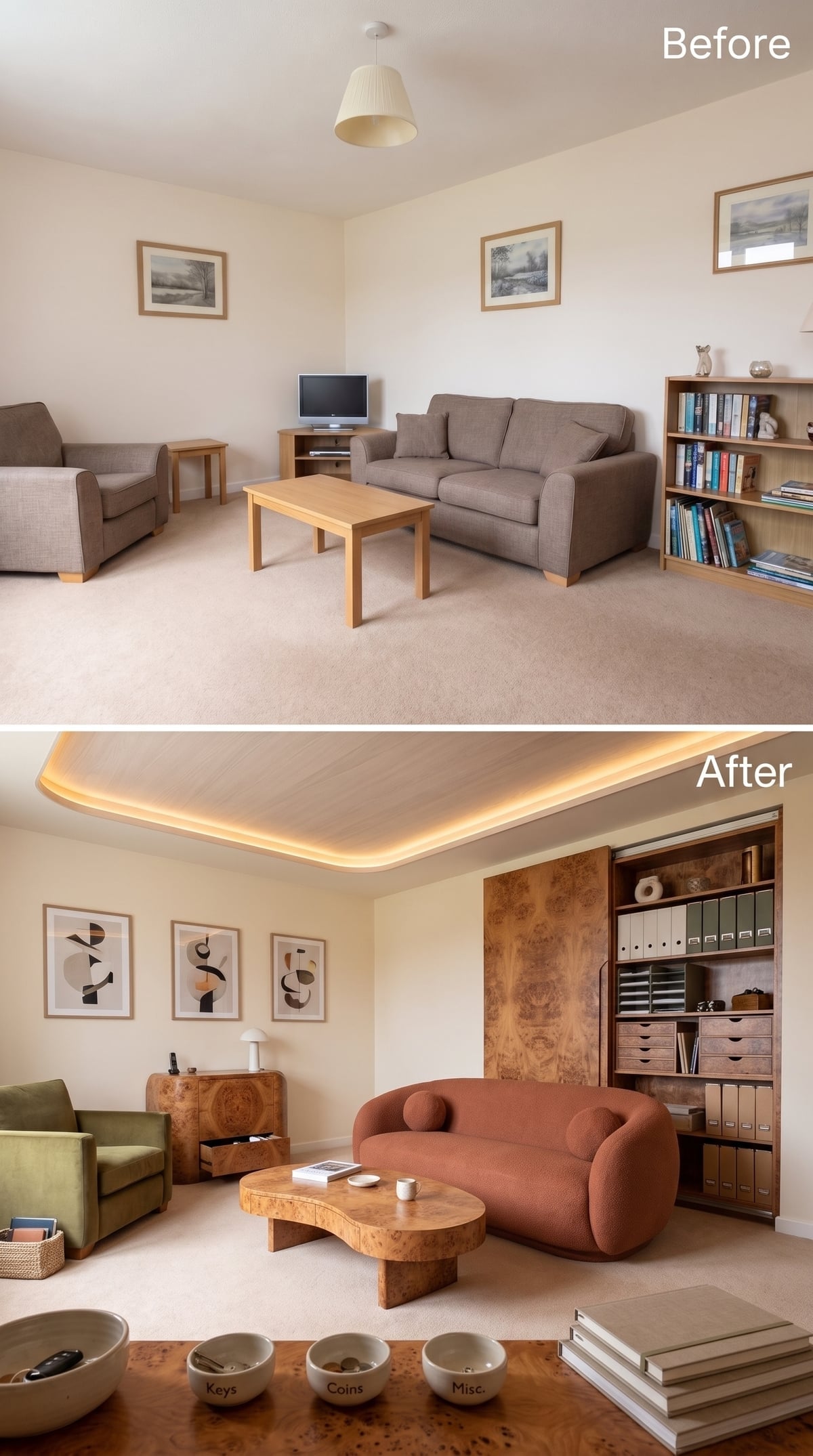 Burl Wood, Cove Lighting, and a Built-In Wall That Holds an Entire Filing System